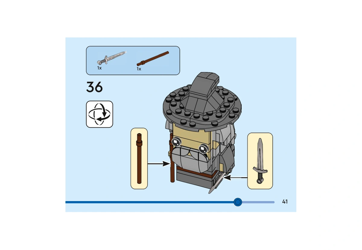 Notice officielle LEGO 40631, livret 6505936, page 41, étape 36 : Après rotation du personnage, le bâton brun et l’épée argentée sont fixés dans les deux mains de Gandalf.