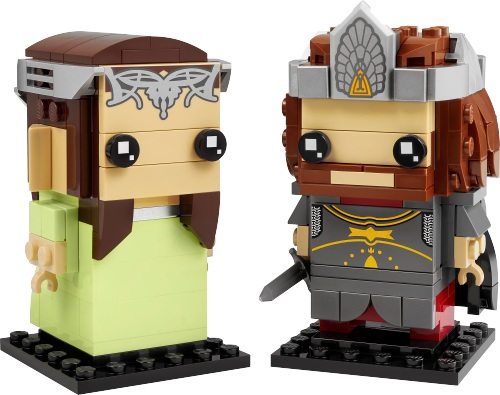 Modèle officiel LEGO 40632 : Aragorn et Arwen. Aragorn porte une armure grise, une couronne argentée et une épée ; Arwen se distingue par sa longue robe vert jaunâtre, ses cheveux bruns et sa tiare imprimée.