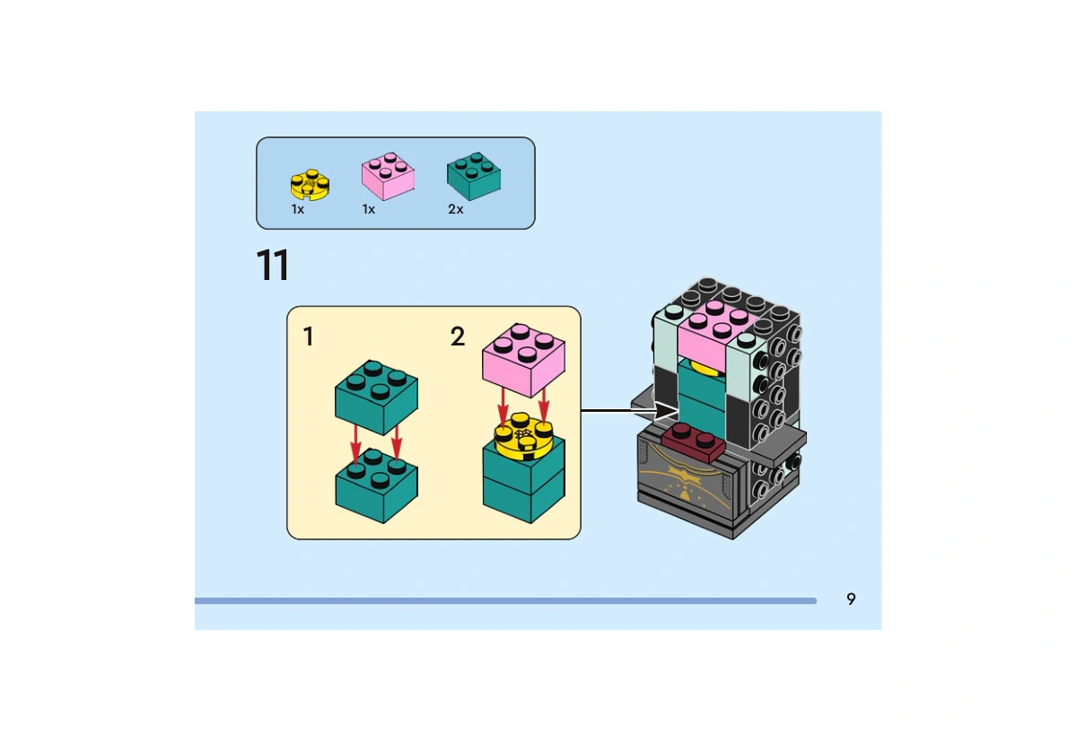 Notice officielle LEGO 40632, livret 6449480, page 9, étape 11 : Deux briques turquoise foncé sont superposées. Une plaque ronde jaune puis une brique rose complètent le centre intérieur de la tête.