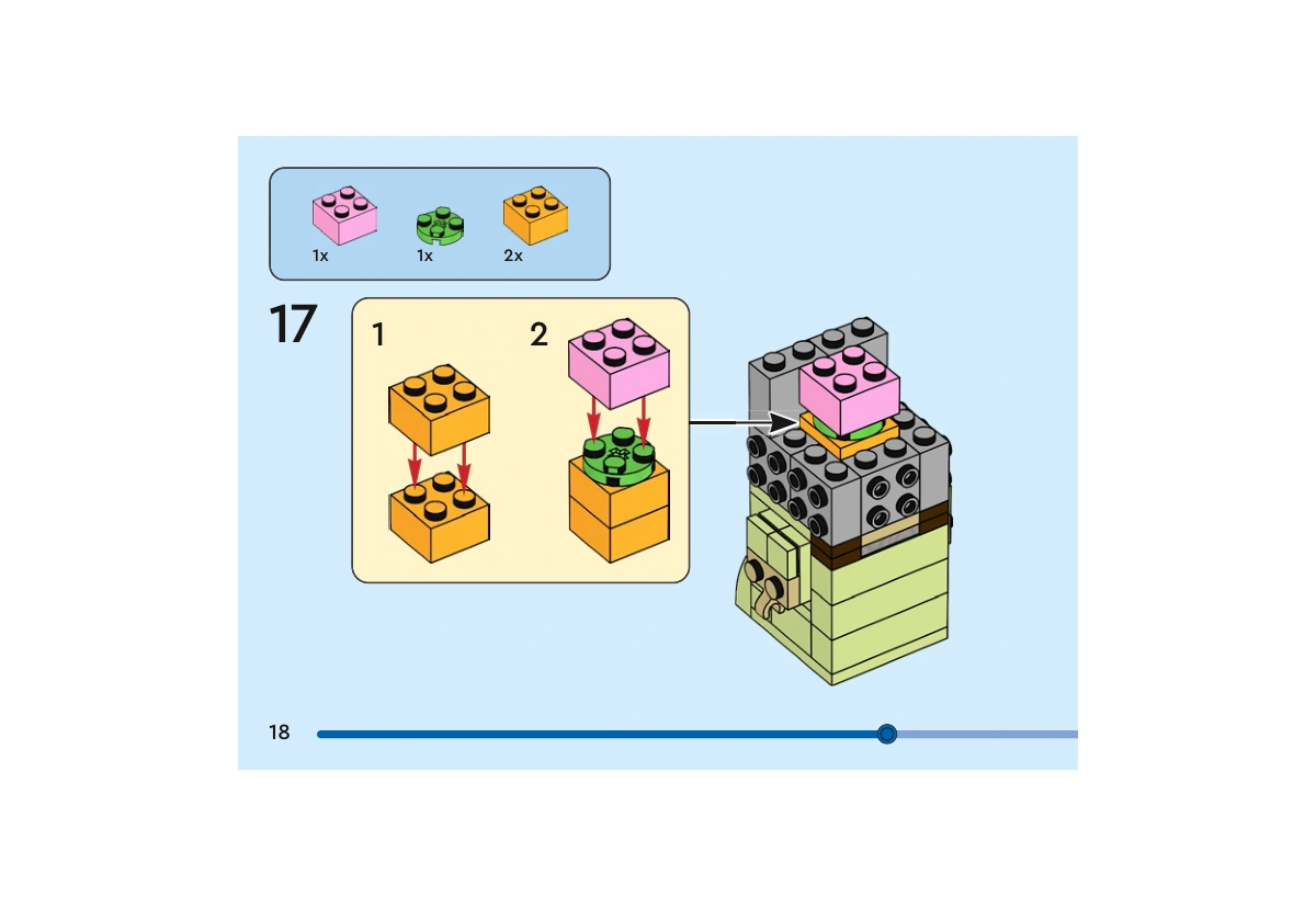 Notice officielle LEGO 40632, livret 6505937, page 18, étape 17 : Deux briques orange sont superposées. Une plaque ronde vert vif et une brique rose constituent le sommet du noyau, qui est posé au centre de la tête.