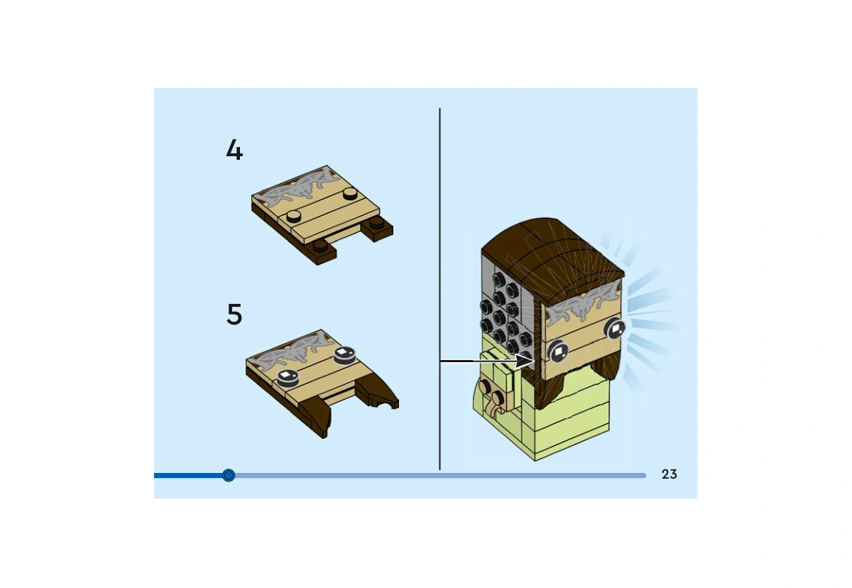 Notice officielle LEGO 40632, livret 6505937, page 23, étape 20, sous-étapes 4 et 5 : La grande tuile beige imprimée de la tiare complète le visage préparé séparément. Deux yeux noirs sont ajoutés avant la fixation de l’ensemble à la tête.