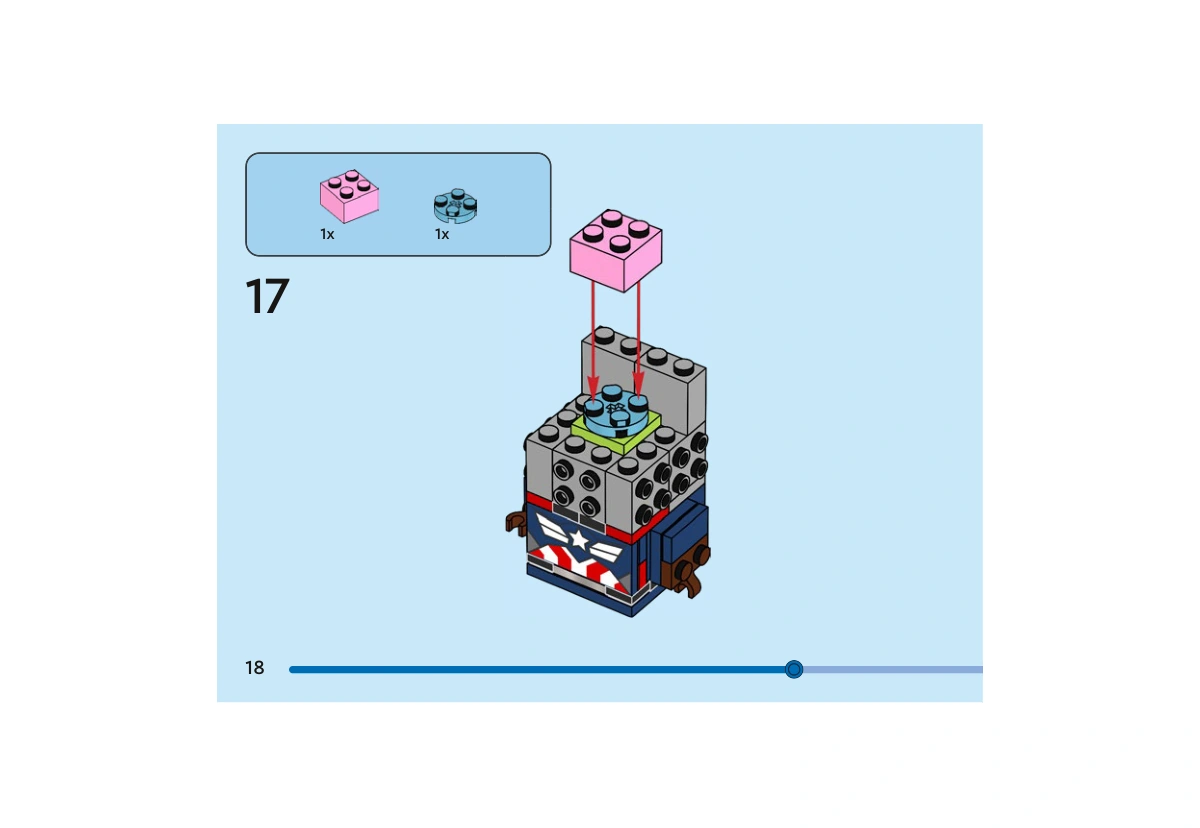 Notice officielle LEGO 40668, livret 6522959, page 18, étape 17 : Une brique rose 2 × 2 est posée sur une plaque ronde azur moyen au centre du noyau à tenons latéraux.
