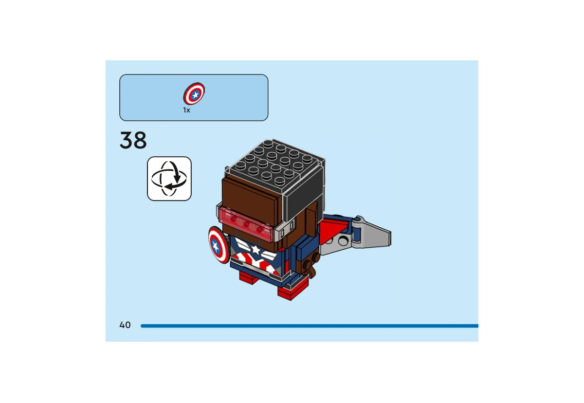 Notice officielle LEGO 40668, livret 6522959, page 40, étape 38 : Après rotation du personnage dont les ailes sont déjà assemblées, le bouclier rond est fixé à sa main.