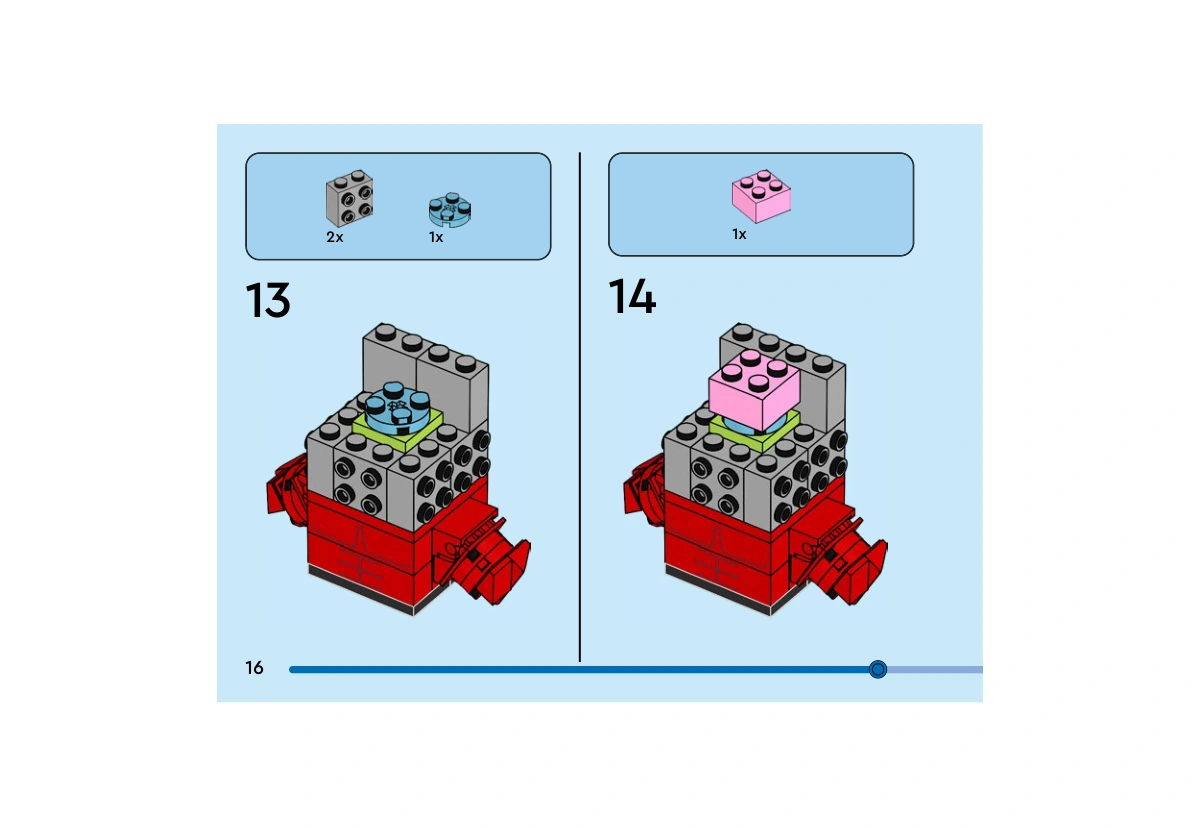 Notice officielle LEGO 40668, livret 6566400, page 16, étape 13 et 14 : Deux briques grises à tenons latéraux et une plaque ronde azur moyen prolongent la tête. Une brique rose 2 × 2 est ensuite ajoutée sur ce centre.