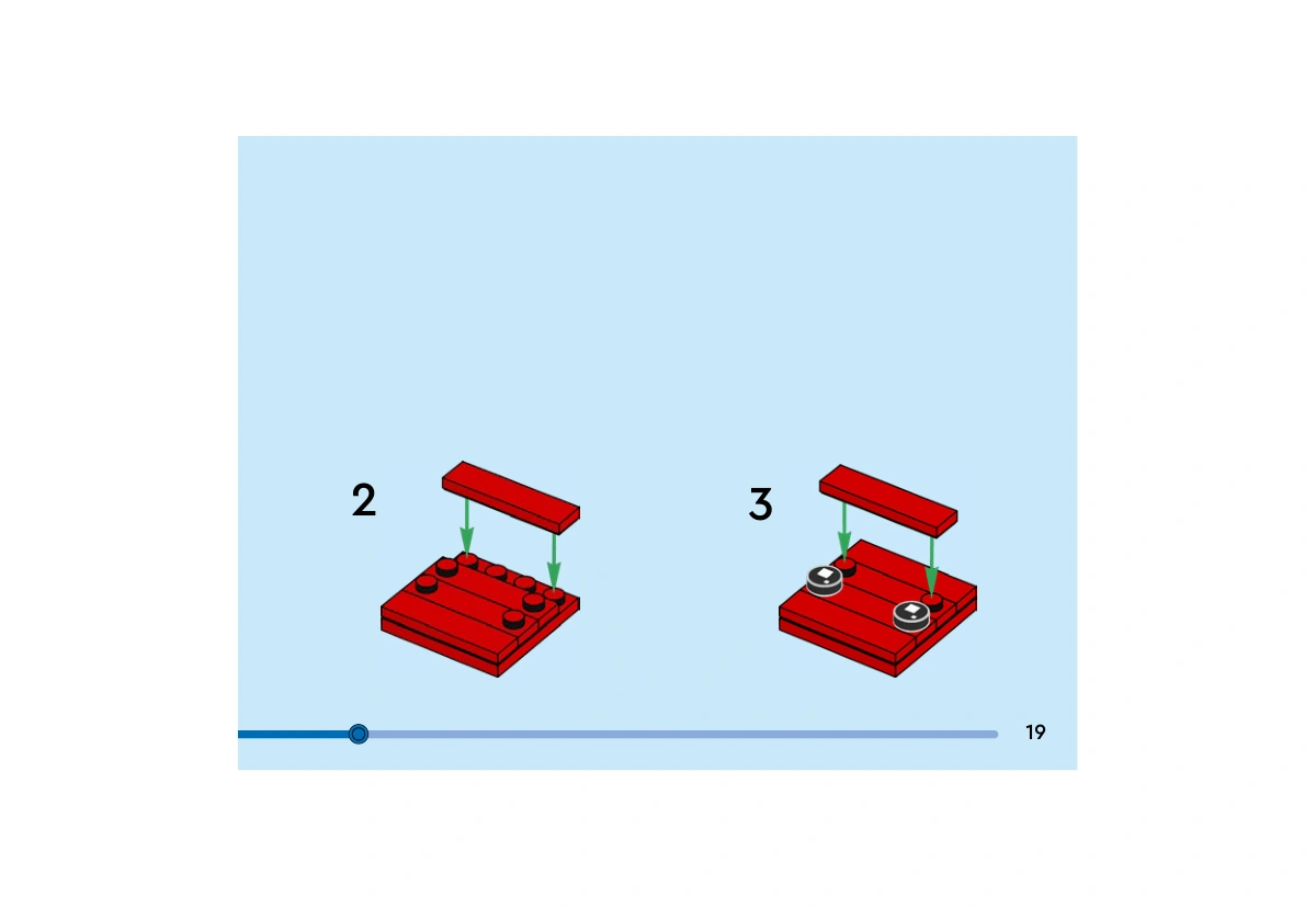 Notice officielle LEGO 40668, livret 6566400, page 19, étape 17, sous-étapes 2 et 3 : Une seconde tuile rouge allongée complète la plaque du visage commencée page précédente. Deux tuiles d’œil noires sont ensuite posées ; cette page ne montre pas encore la fixation du visage au personnage.