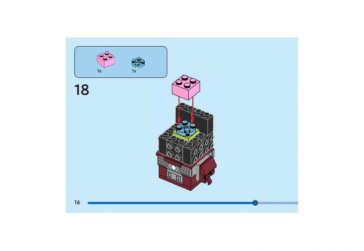 Notice officielle LEGO 40669, livret 6522963, page 16, étape 18 : Une brique rose 2 × 2 rejoint une plaque ronde azur moyen au centre du noyau encore ouvert.