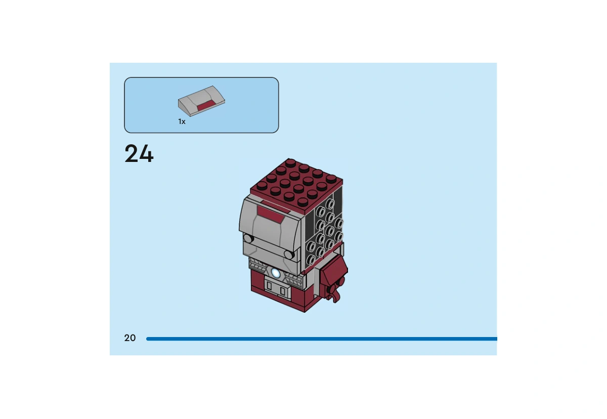 Notice officielle LEGO 40669, livret 6522963, page 20, étape 24 : La grande pente grise imprimée est fixée sur la face avant de la tête. Les tenons latéraux restent visibles avant l’habillage rouge foncé.