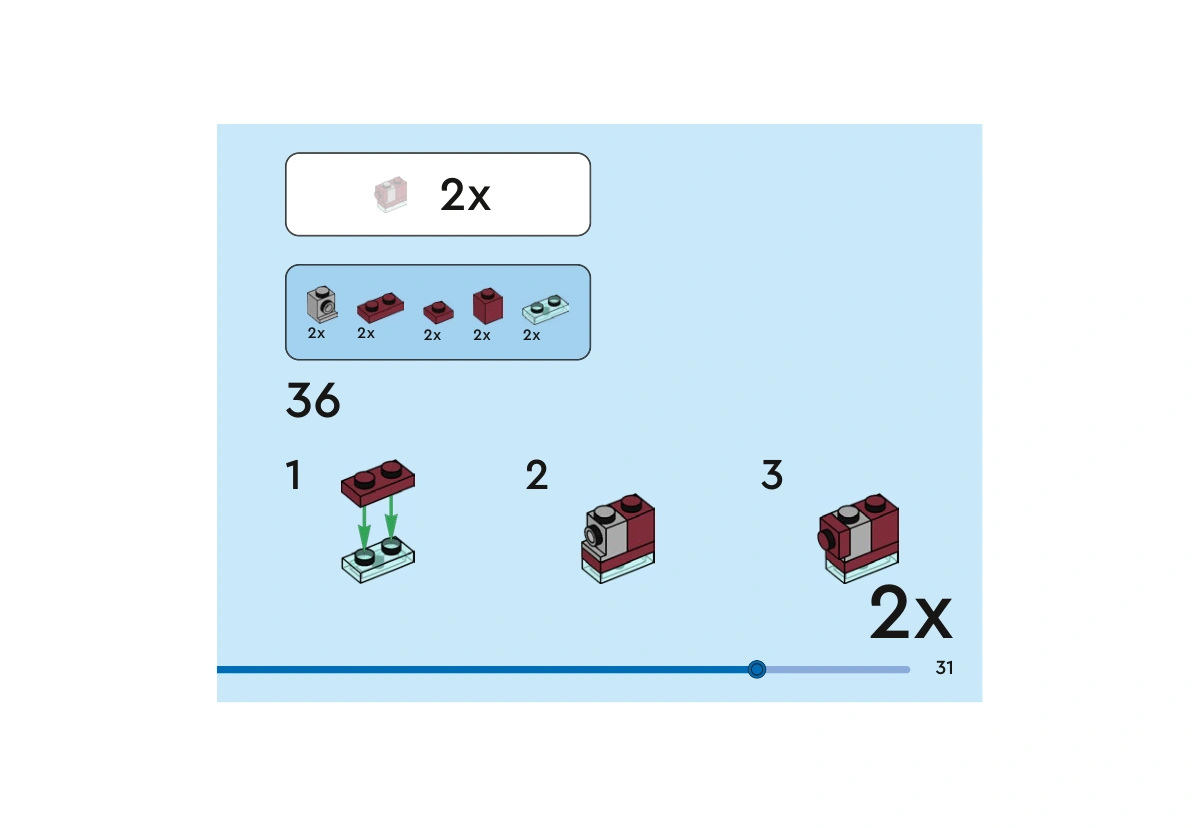 Notice officielle LEGO 40669, livret 6522963, page 31, étape 36, sous-étapes 1 à 3 : Une plaque rouge foncé rejoint une plaque bleu clair transparente. Une petite brique latérale grise puis une brique rouge foncé complètent le sous-ensemble, à construire deux fois ; la pose au personnage vient page suivante.