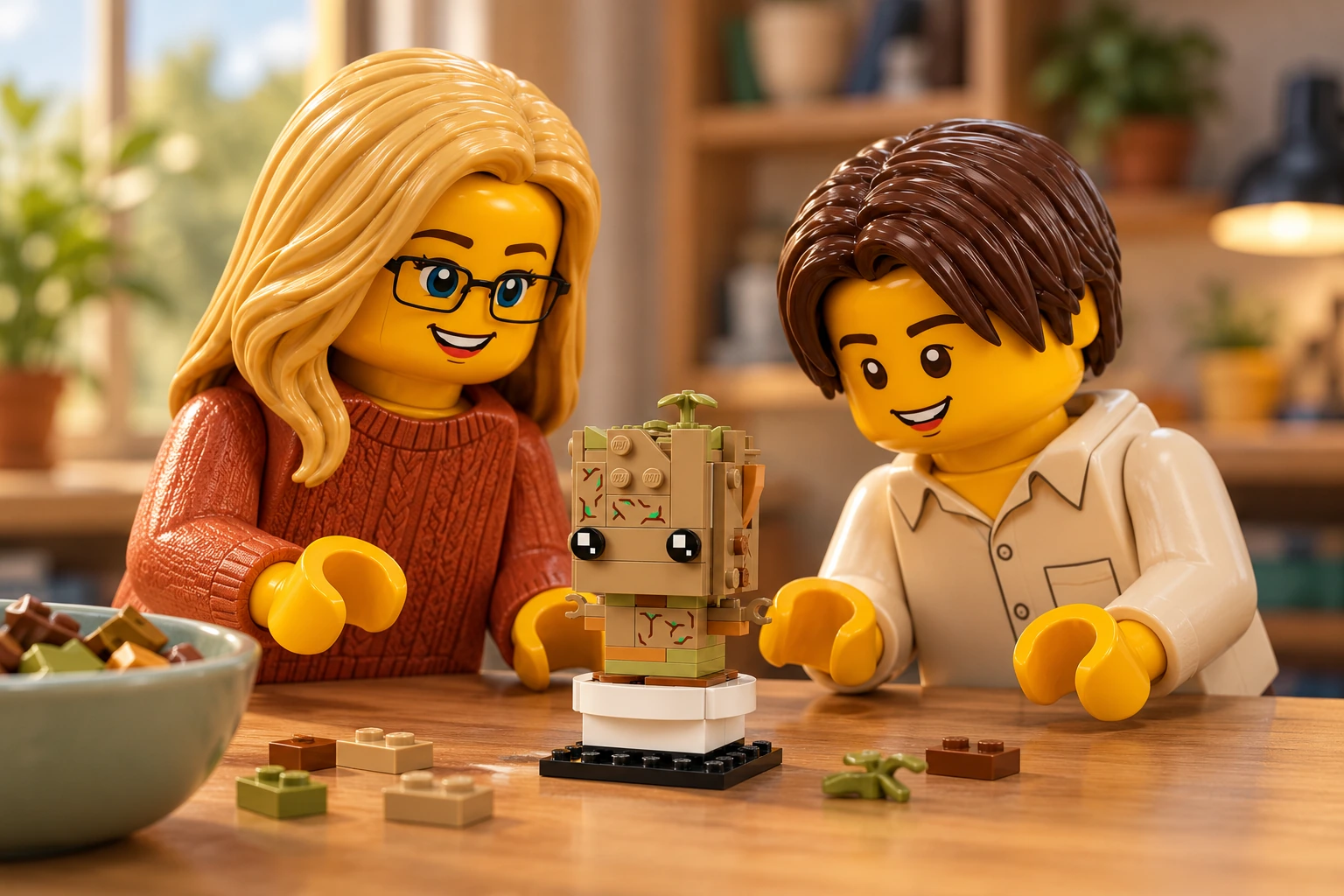 Une adulte blonde en pull terracotta et lunettes noires et un adolescent châtain en chemise crème observent un petit Groot en briques dans son pot blanc, posé sur un socle noir au milieu de la table.
