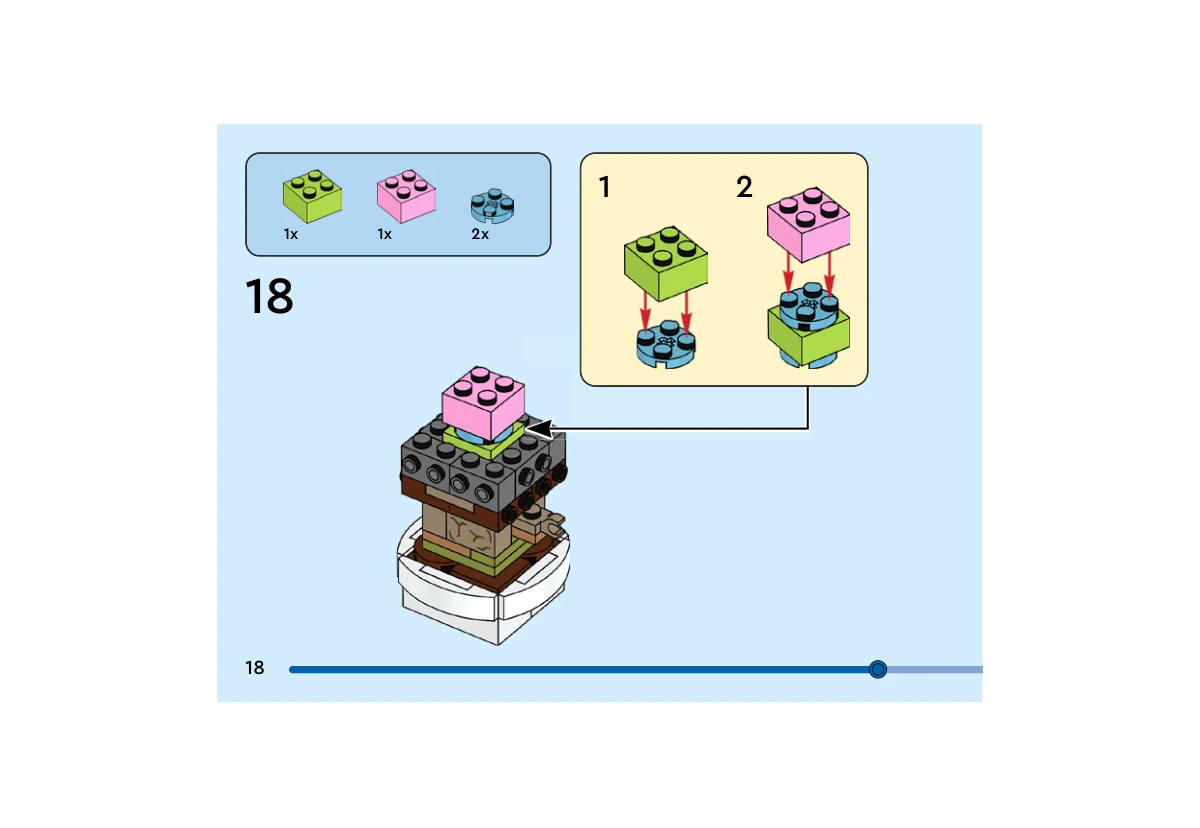 Notice officielle LEGO 40671, livret 6499331, page 18, étape 18 : Une brique vert citron et une brique rose 2 × 2 s’assemblent avec deux plaques rondes bleu azur moyen. Le sous-ensemble est ensuite placé au-dessus du noyau gris encore apparent, sur le tronc et le pot blanc.