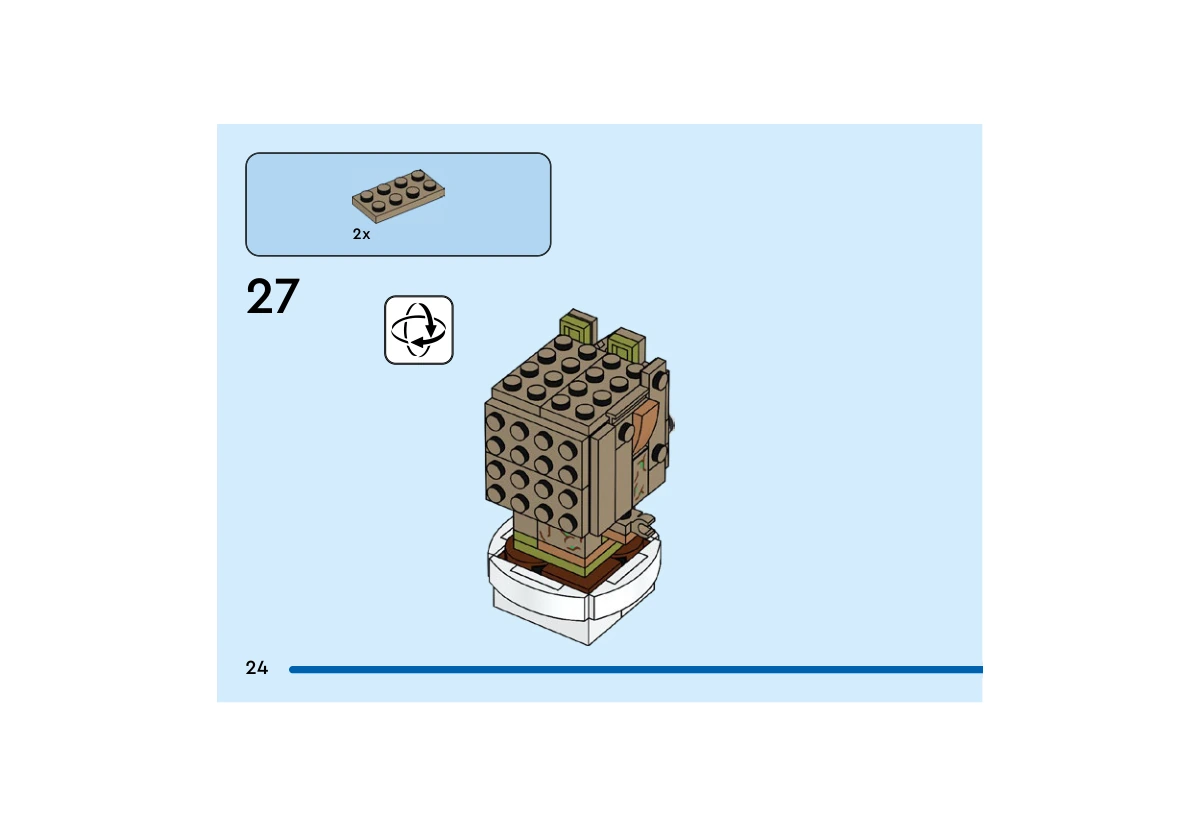 Notice officielle LEGO 40671, livret 6499331, page 24, étape 27 : Deux plaques beige foncé 2 × 4 recouvrent le dessus du noyau. La vue retournée montre encore les tenons latéraux destinés à l’habillage.