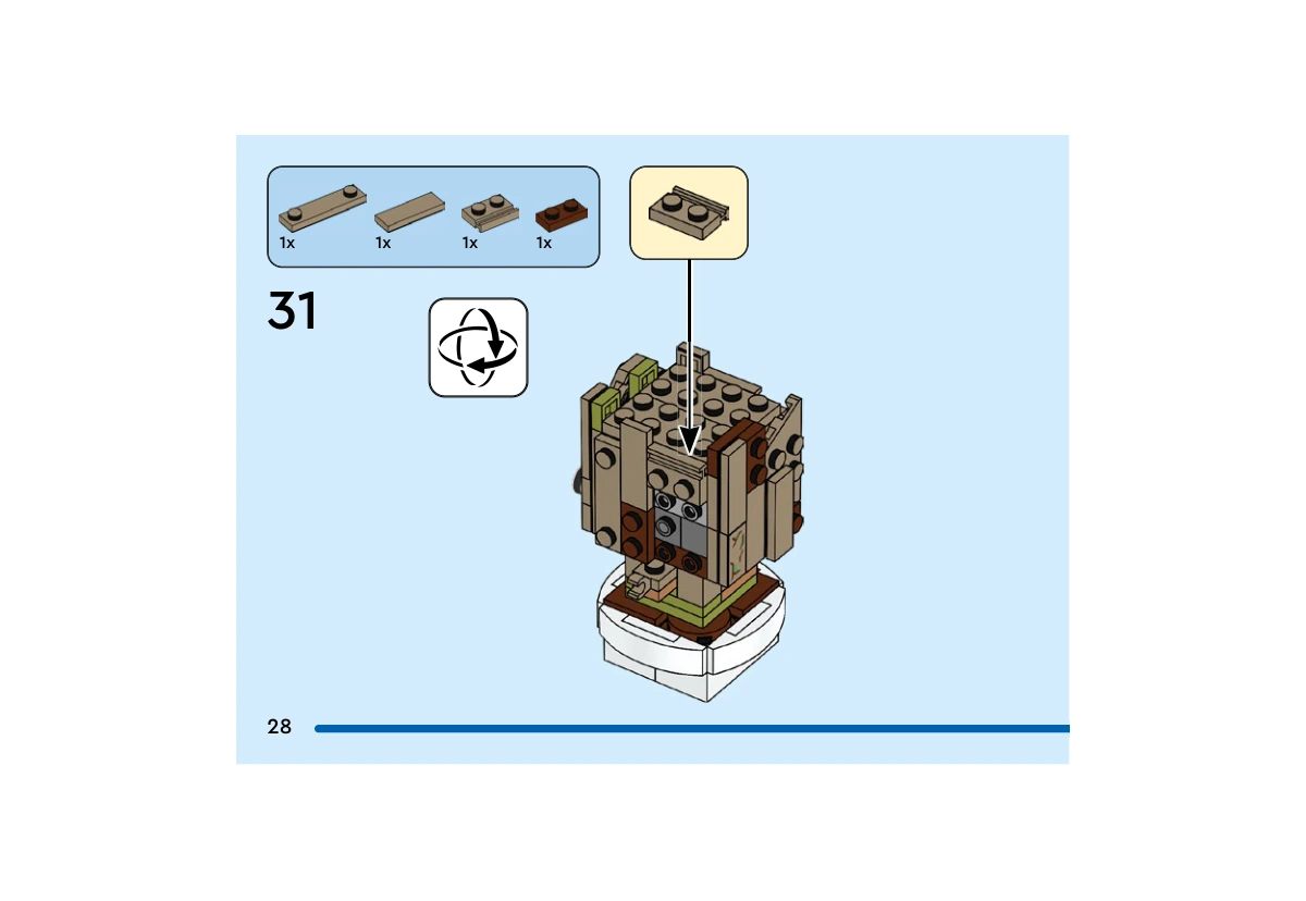 Notice officielle LEGO 40671, livret 6499331, page 28, étape 31 : Une plaque modifiée 1 × 4 à deux tenons (41740), une tuile 1 × 3 (63864) et une plaque 1 × 2 à rail (32028), toutes beige foncé, s’assemblent avec une plaque brun rougeâtre 1 × 2 (3023) pour habiller le côté de la tête. Les yeux ne sont pas ajoutés dans cette étape.