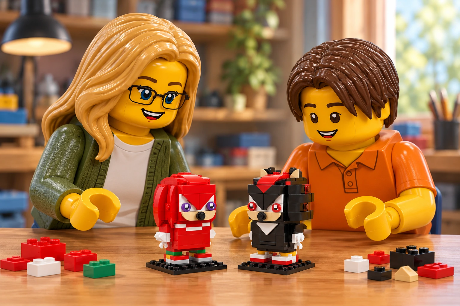 Une adulte blonde en cardigan vert et lunettes noires et un adolescent châtain en polo orange regardent deux petits personnages en briques : Knuckles rouge et Shadow noir et rouge, chacun sur son socle.