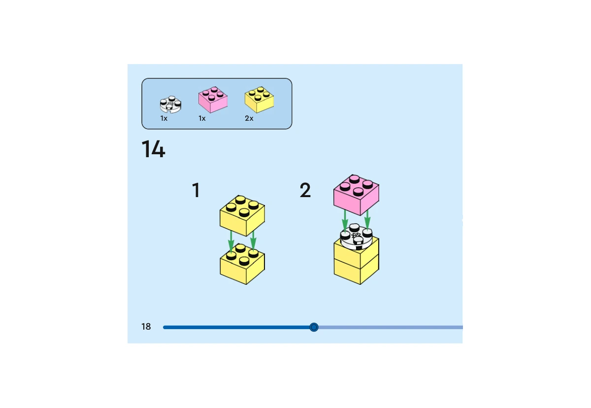 Notice officielle LEGO 40672, livret 6502899, page 18, étape 14 : Deux briques jaune clair 2 × 2 s’empilent. Une plaque ronde blanche puis une brique rose 2 × 2 complètent ce sous-ensemble interne ; la page montre sa construction séparée avant sa pose.