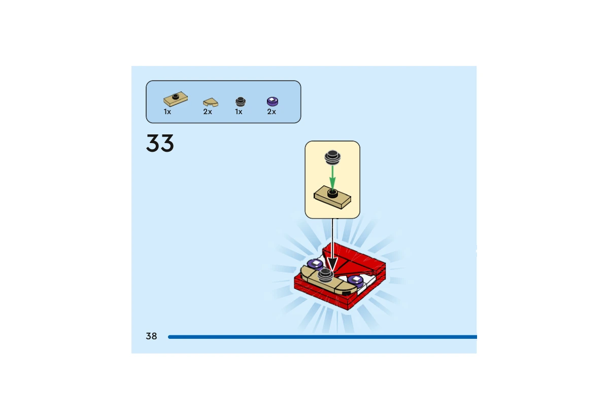 Notice officielle LEGO 40672, livret 6502899, page 38, étape 33 : Les deux tuiles d’yeux violets sont posées sur le panneau de visage rouge. Un petit sous-ensemble beige portant une pièce ronde noire ajoute le nez entre les parties du museau.