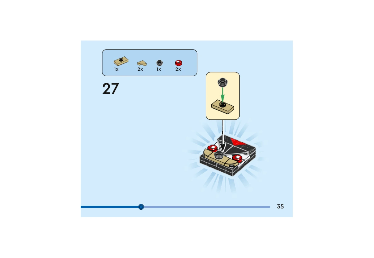 Notice officielle LEGO 40672, livret 6502900, page 35, étape 27 : Le panneau noir reçoit deux yeux rouges et un petit assemblage beige avec nez rond noir. Le triangle rouge du front est visible au-dessus du museau.