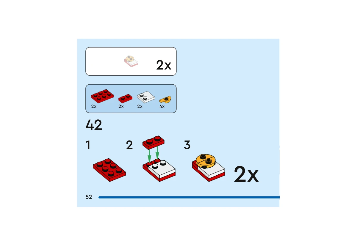 Notice officielle LEGO 40672, livret 6502900, page 52, étape 42 : Deux sous-ensembles identiques se construisent sur une plaque rouge. Une plaque rouge plus petite, une plaque blanche à tenons réduits et deux éléments arrondis jaune orangé forment chaque chaussure.