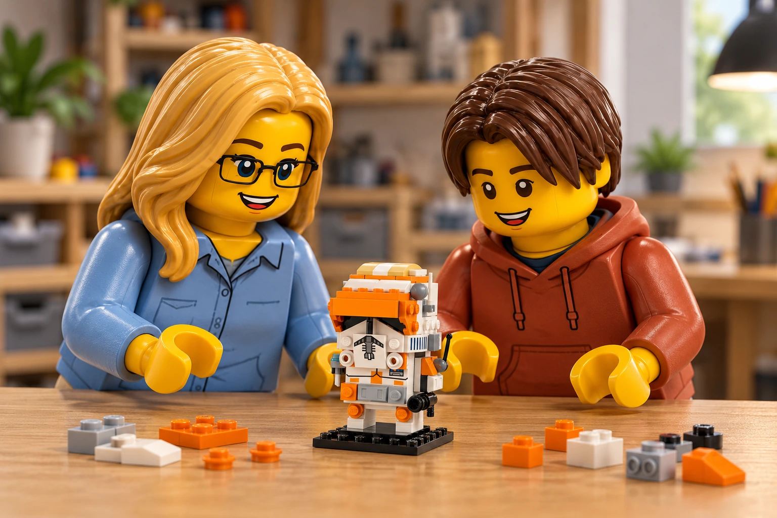 Une adulte blonde en chemise bleu clair et lunettes noires et un adolescent châtain en sweat terracotta observent un petit Cody en briques, blanc et orange, avec son blaster et son socle noir.