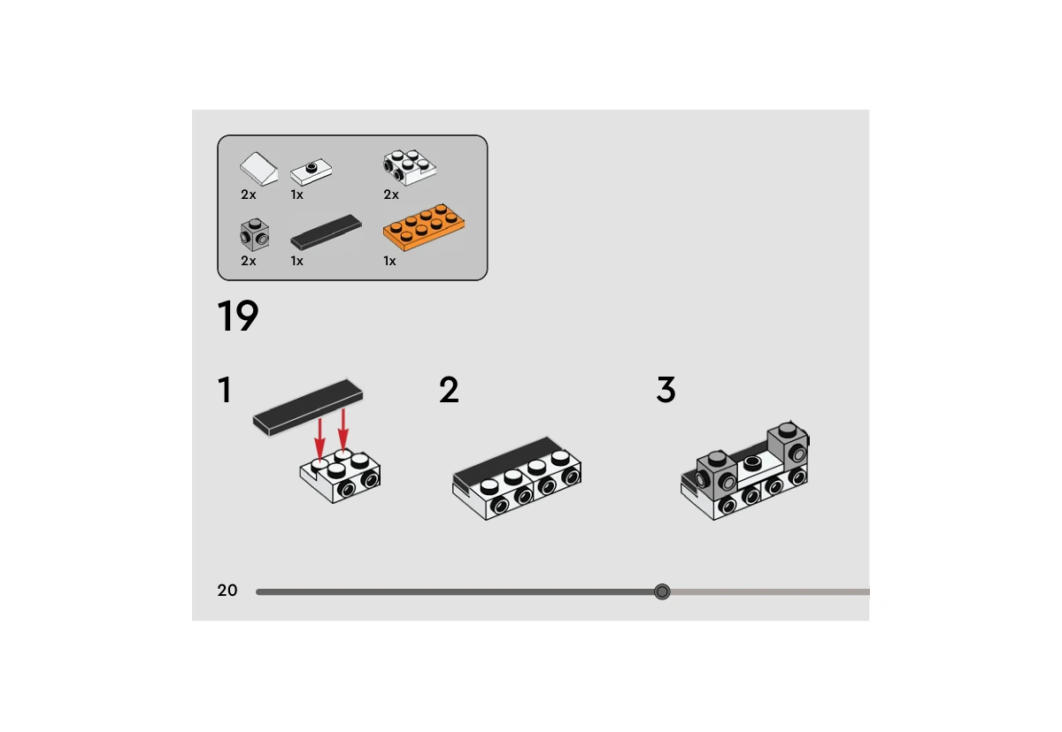 Notice officielle LEGO 40675, livret 6513190, page 20, étape 19 : Une tuile noire 1 × 4 relie deux briques blanches à tenons latéraux. Deux petites briques grises à tenons sur côtés s’ajoutent aux extrémités ; les pièces restantes de l’étape sont indiquées dans l’encart supérieur.