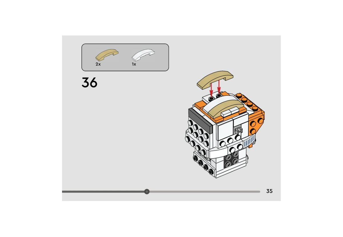 Notice officielle LEGO 40675, livret 6513190, page 35, étape 36 : Deux éléments courbes beiges et un élément blanc habillent le sommet du casque. La vue arrière laisse visibles les tenons du noyau et les reliefs orange des côtés.