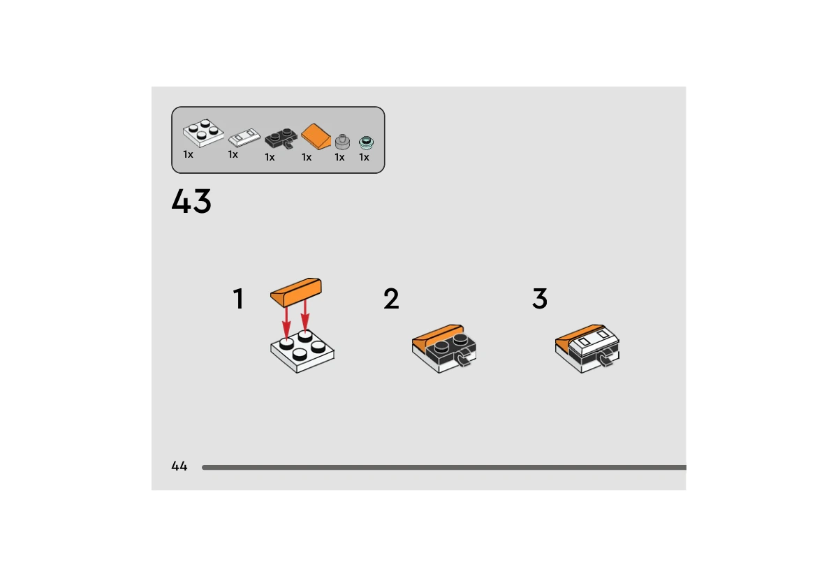 Notice officielle LEGO 40675, livret 6513190, page 44, étape 43 : Une pente orange s’assemble sur une plaque blanche 2 × 2, puis reçoit une plaque noire à clips et une tuile blanche imprimée. Le sous-ensemble est construit séparément avant sa fixation à la page suivante.
