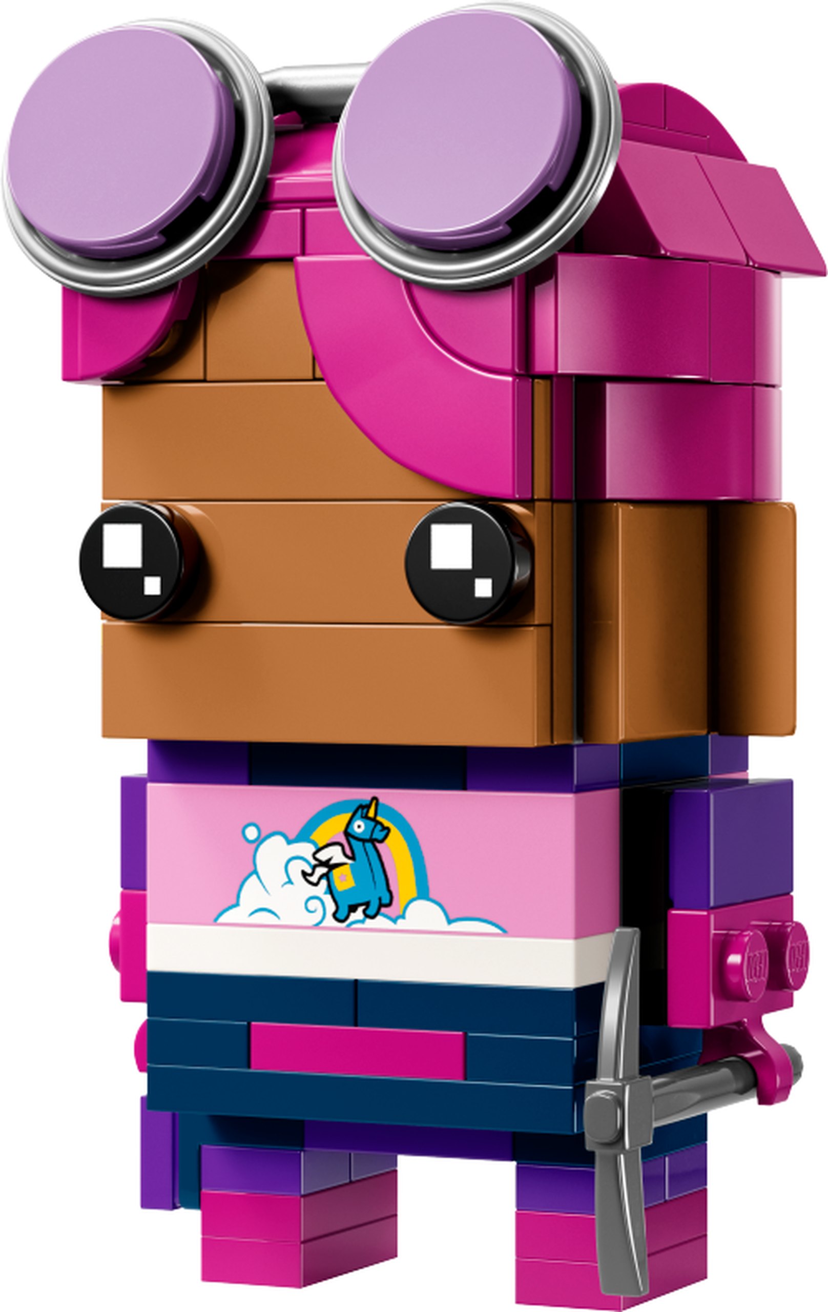 LEGO 40728 Terreur fluo : personnage à cheveux magenta, lunettes lavande et montures argentées relevées, motif de licorne sur le torse et pioche grise. La photographie officielle montre le personnage sans socle.