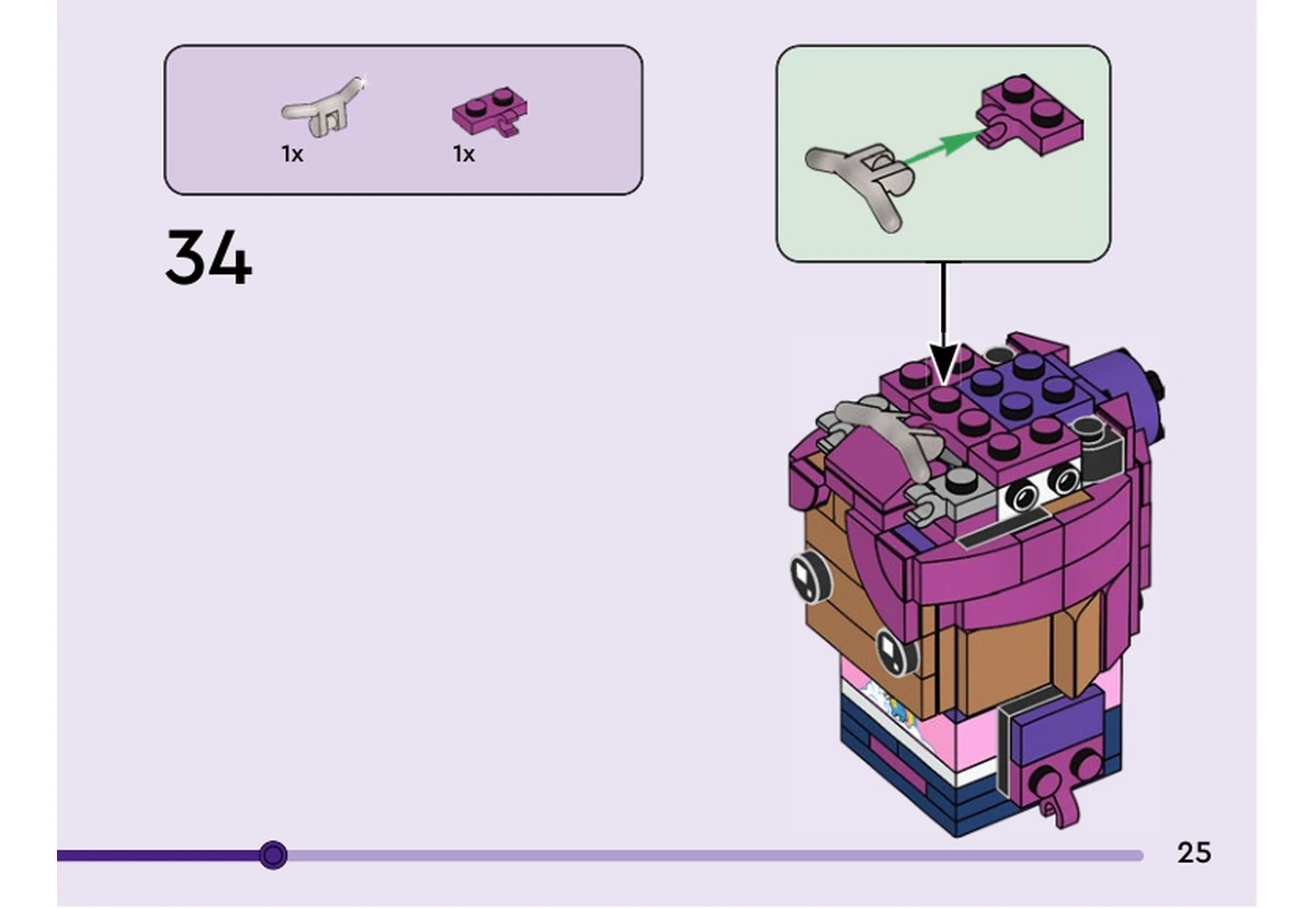 Notice officielle LEGO 40728, livret 6541105, page 25, étape 34 : Le petit guidon argenté s’emboîte dans une plaque magenta à pince. Le sous-ensemble est placé sur le sommet de la tête ; les verres lavande et les montures rondes seront ajoutés à une étape ultérieure.