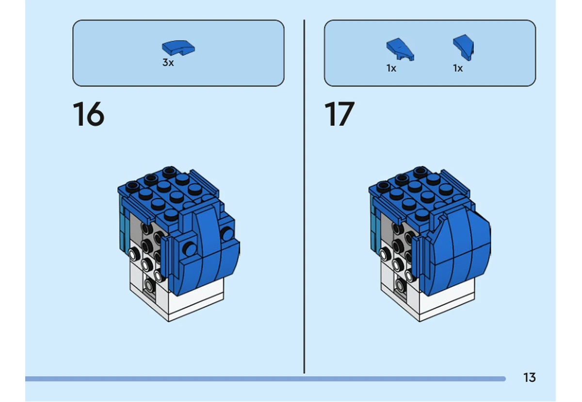 Notice officielle LEGO 40749, livret 6521401, page 13, étape 16 et 17 : L’étape 16 ajoute trois petites pentes bleues incurvées sur le sommet. À l’étape 17, deux pièces bleues symétriques à coupe oblique se placent sur le côté de la chevelure ; la face avant et ses supports restent visibles.