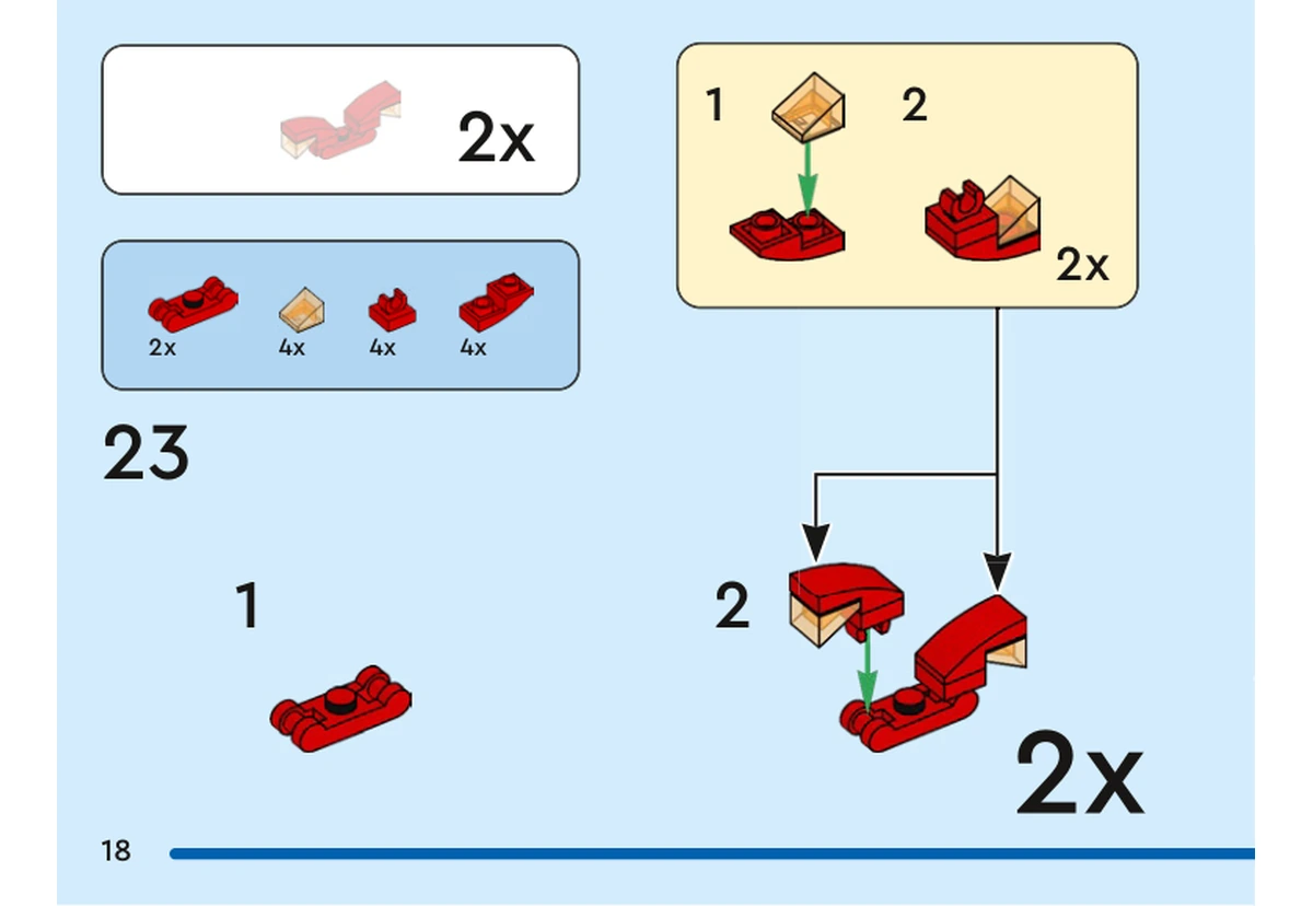 Notice officielle LEGO 40749, livret 6521403, page 18, étape 23 : La page prépare deux assemblages de chevelure identiques. Chaque branche réunit des supports rouges, deux petites pentes orange translucides et des courbes rouges inversées. Les pièces s’emboîtent puis se fixent aux deux extrémités du support central ; l’encadré indique deux répétitions.