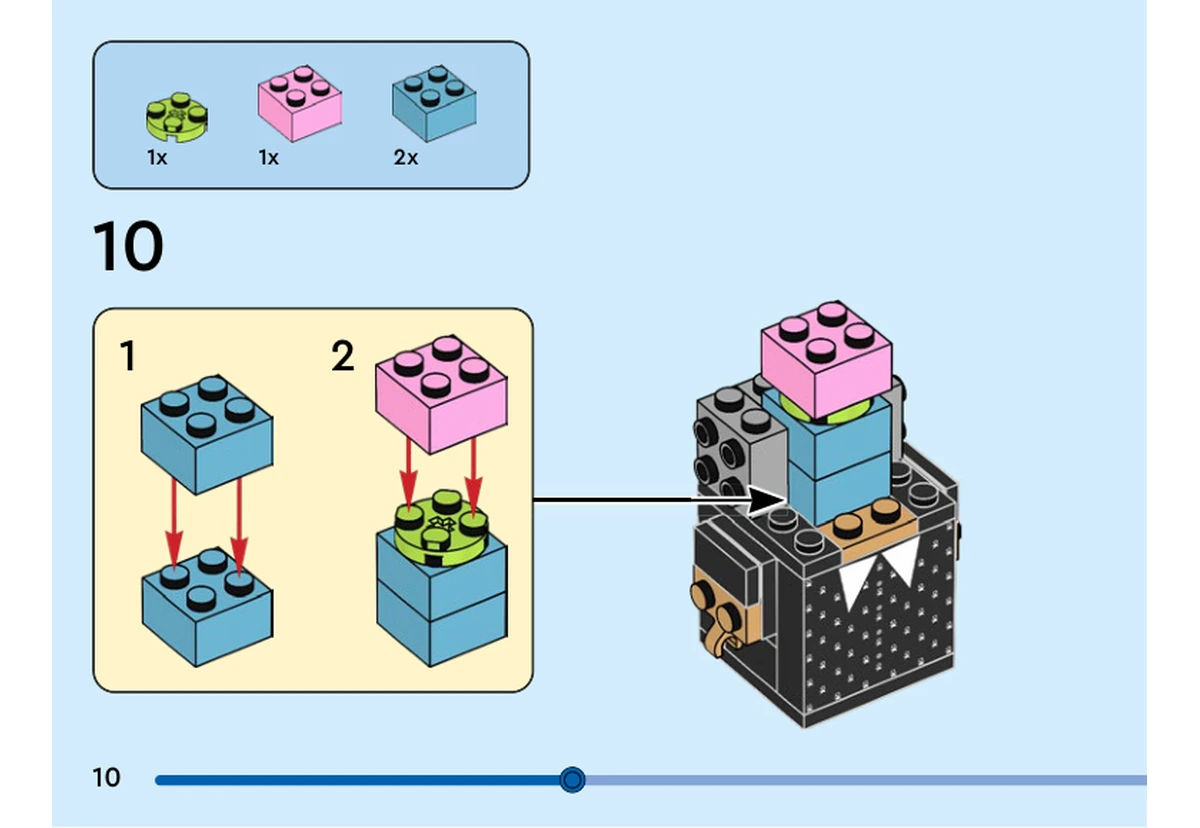 Notice officielle LEGO 40750, livret 6536733, page 10, étape 10 : Deux briques bleues 2 × 2 s’empilent. Une plaque ronde vert citron puis une brique rose 2 × 2 complètent le noyau. La flèche place cet assemblage au-dessus du corps noir imprimé, entre les supports gris de la tête encore ouverte.
