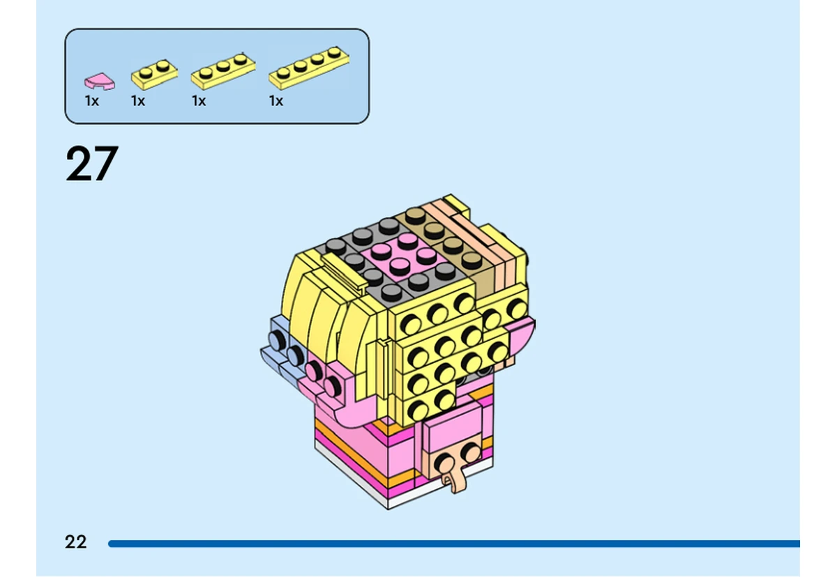 Notice officielle LEGO 40750, livret 6536735, page 22, étape 27 : L’encart montre trois plaques jaune clair 1 × 2, 1 × 3 et 1 × 4, ainsi qu’une petite pente rose. Les flèches les placent sur les supports latéraux des cheveux ; la tête reste ouverte, avec son noyau rose et ses supports gris visibles.