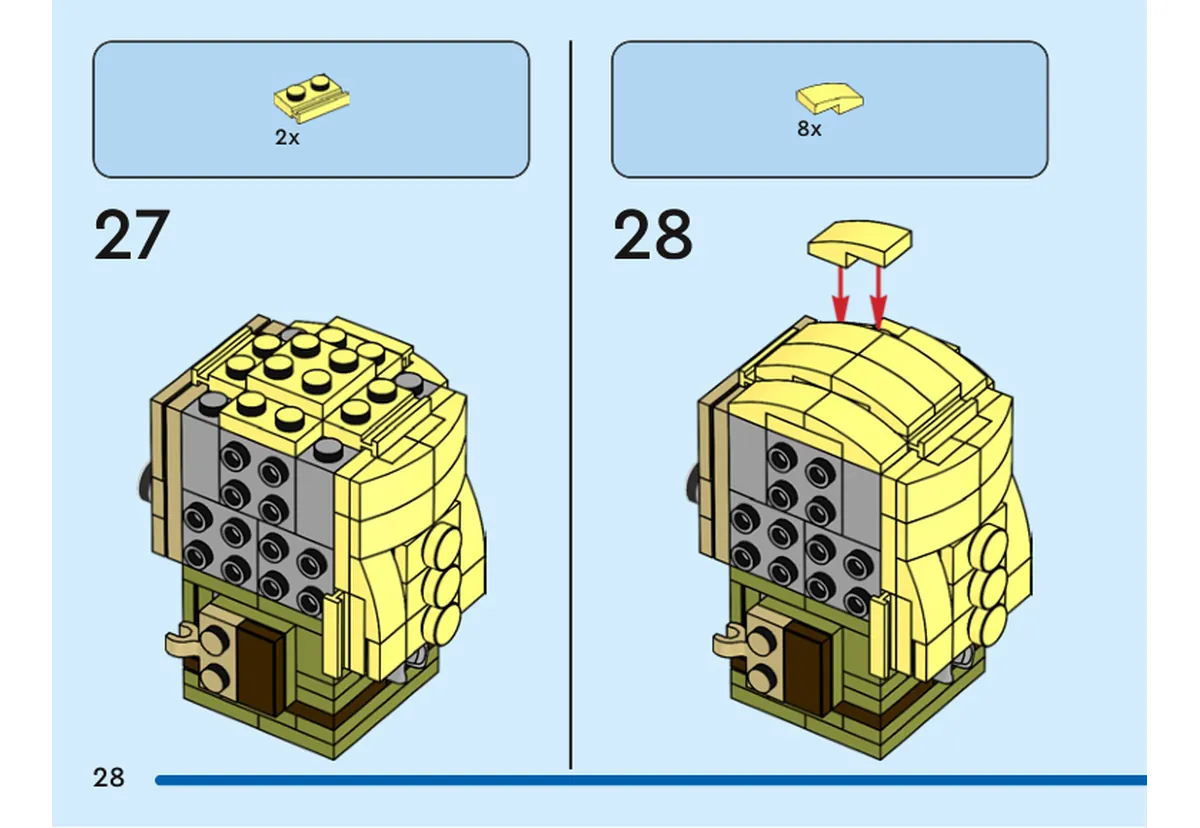 Notice officielle LEGO 40751, livret 6521394, page 28, étape 27 et 28 : Deux plaques jaune clair vif complètent le sommet de la tête ; huit petites pentes incurvées de la même couleur couvrent ensuite les cheveux.