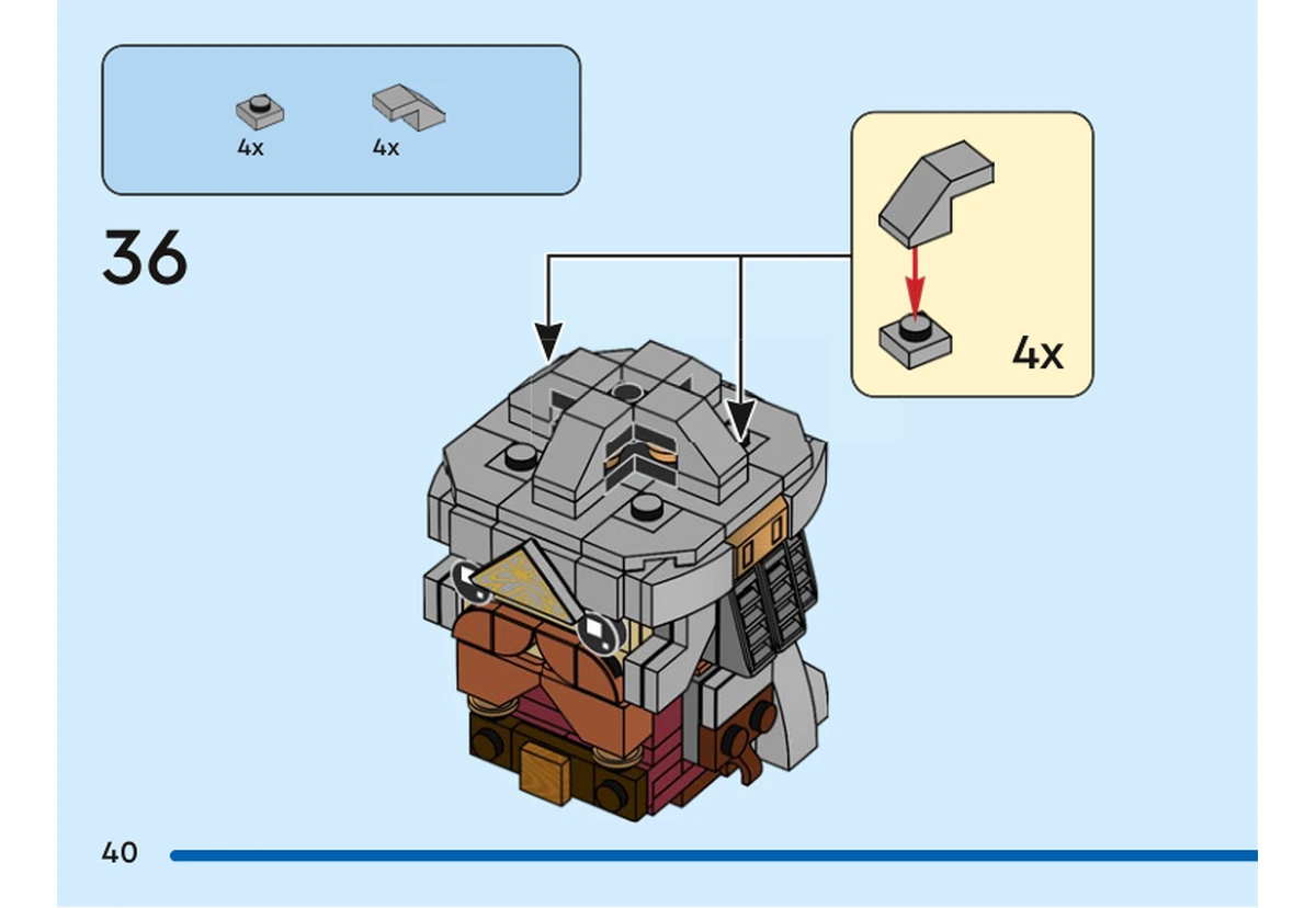 Notice officielle LEGO 40751, livret 6521397, page 40, étape 36 : Quatre petites plaques grises et quatre contours gris coupés composent quatre sous-ensembles placés sur le sommet du casque.