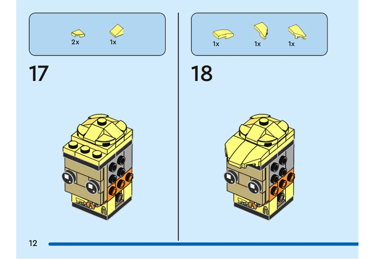 Notice officielle LEGO 40752, livret 6521389, page 12, étape 17 et 18 : Deux petits contours jaune clair et une pente complètent la casquette ; trois pièces jaune clair de formes distinctes ajoutent ensuite sa visière et ses bords.