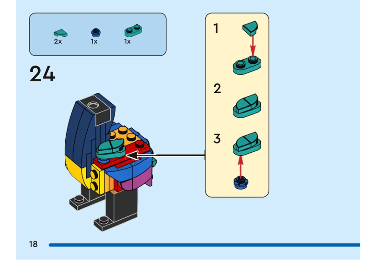 Notice officielle LEGO 40752, livret 6521392, page 18, étape 24 : Deux petits contours turquoise et une plaque arrondie sont assemblés avec une pièce ronde bleu foncé, puis fixés sur le côté coloré du corps de Kevin.