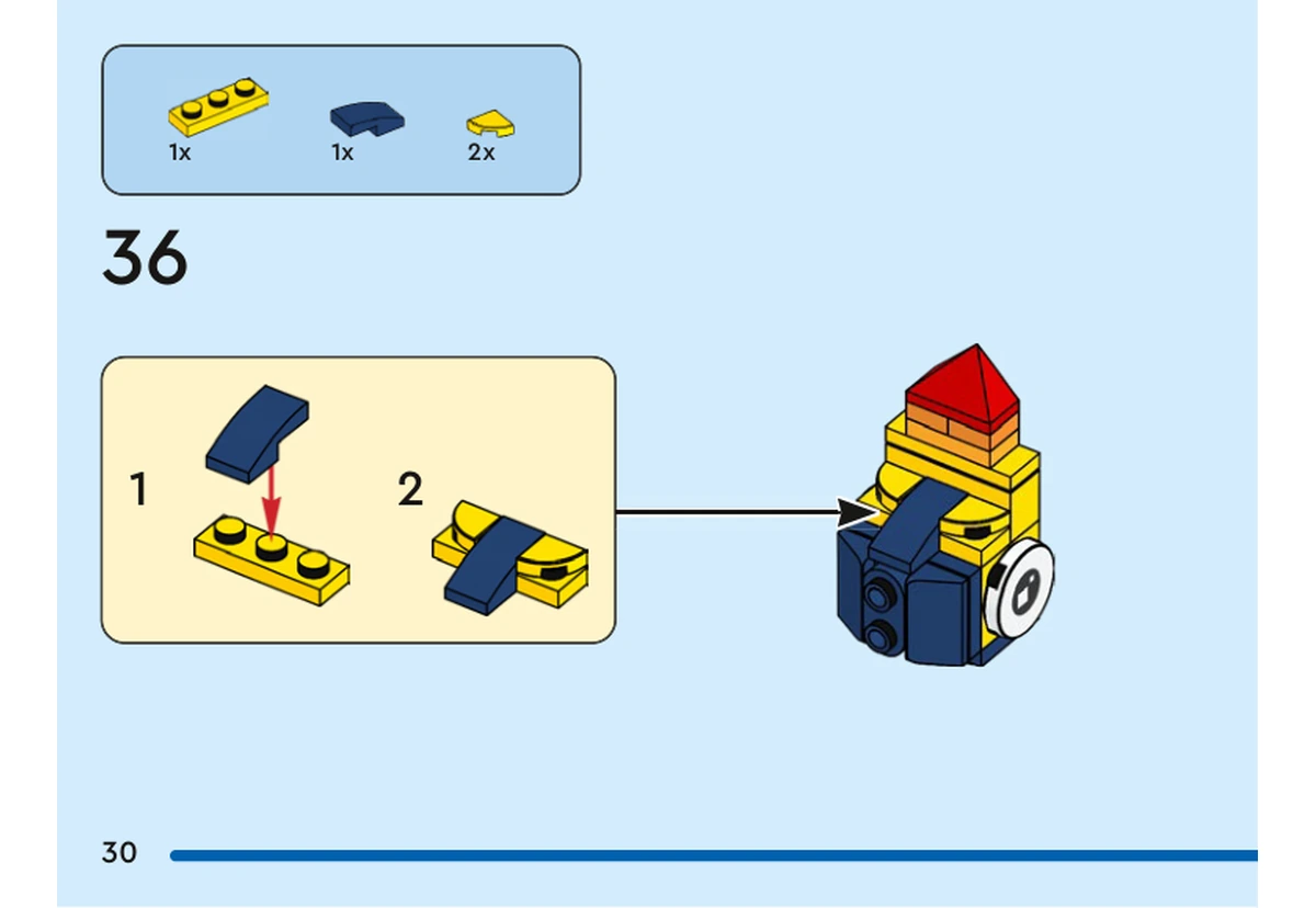 Notice officielle LEGO 40752, livret 6521392, page 30, étape 36 : Une plaque jaune, une pente bleu foncé et deux petits contours jaunes forment un panneau détaché fixé au côté de la tête du grand oiseau.