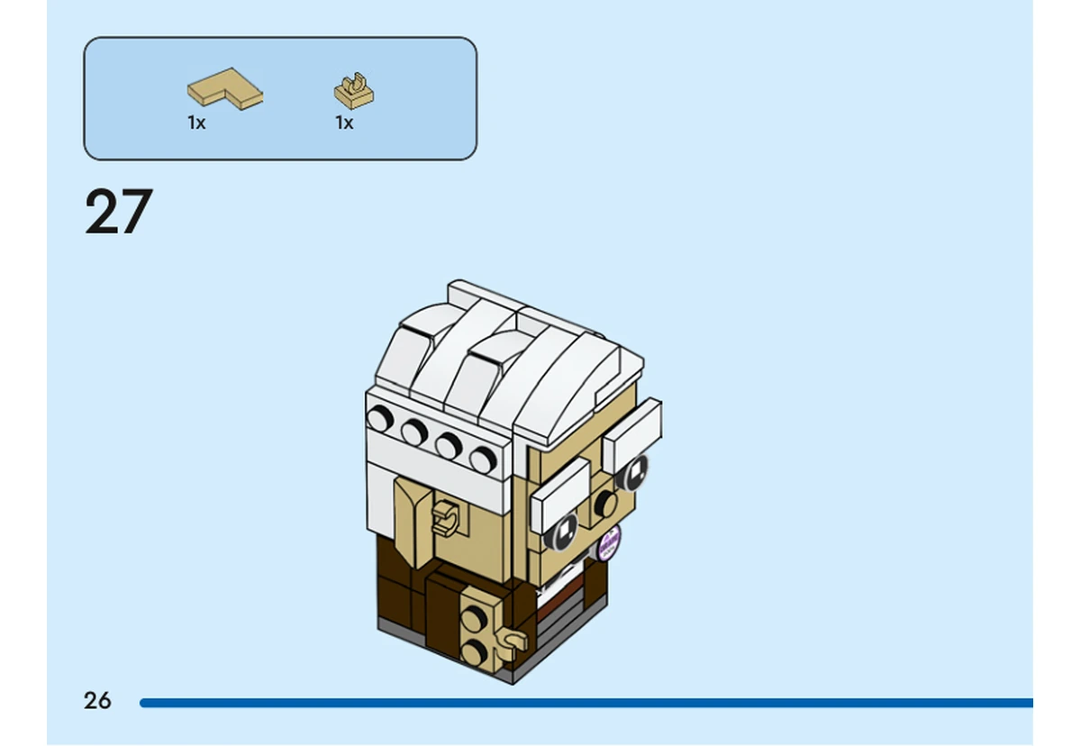 Notice officielle LEGO 40752, livret 6521421, page 26, étape 27 : Une tuile beige d’angle et une petite plaque beige à barrette sont placées à l’avant et sur le côté de la tête. Les cheveux blancs sont déjà installés.