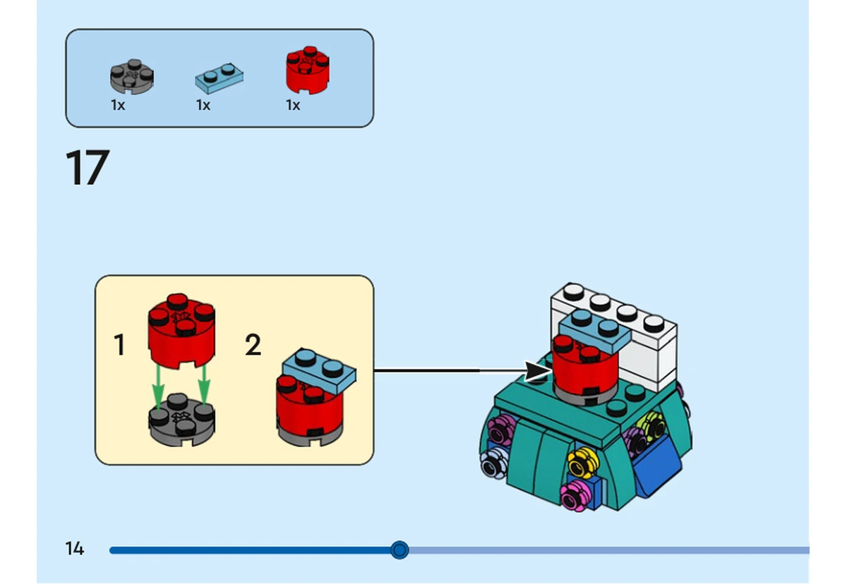 Notice officielle LEGO 40753, livret 6521382, page 14, étape 17 : Une brique ronde rouge est placée sur une plaque ronde grise puis reçoit une petite plaque bleue. Ce sous-ensemble rejoint le dessus de la jupe.