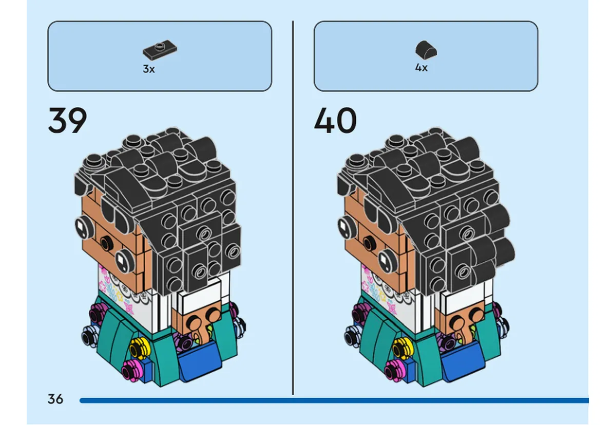 Notice officielle LEGO 40753, livret 6521382, page 36, étape 39 et 40 : Trois petites plaques noires prolongent le sommet de la tête ; quatre petits contours incurvés noirs habillent ensuite un côté des cheveux.