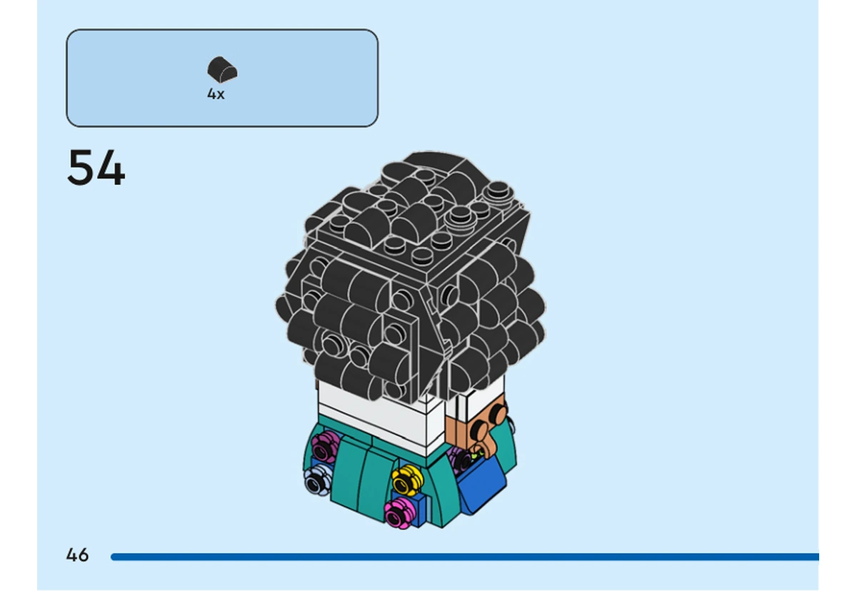 Notice officielle LEGO 40753, livret 6521382, page 46, étape 54 : Quatre petites pièces noires incurvées sont fixées à l’arrière de la chevelure, présenté face au lecteur.