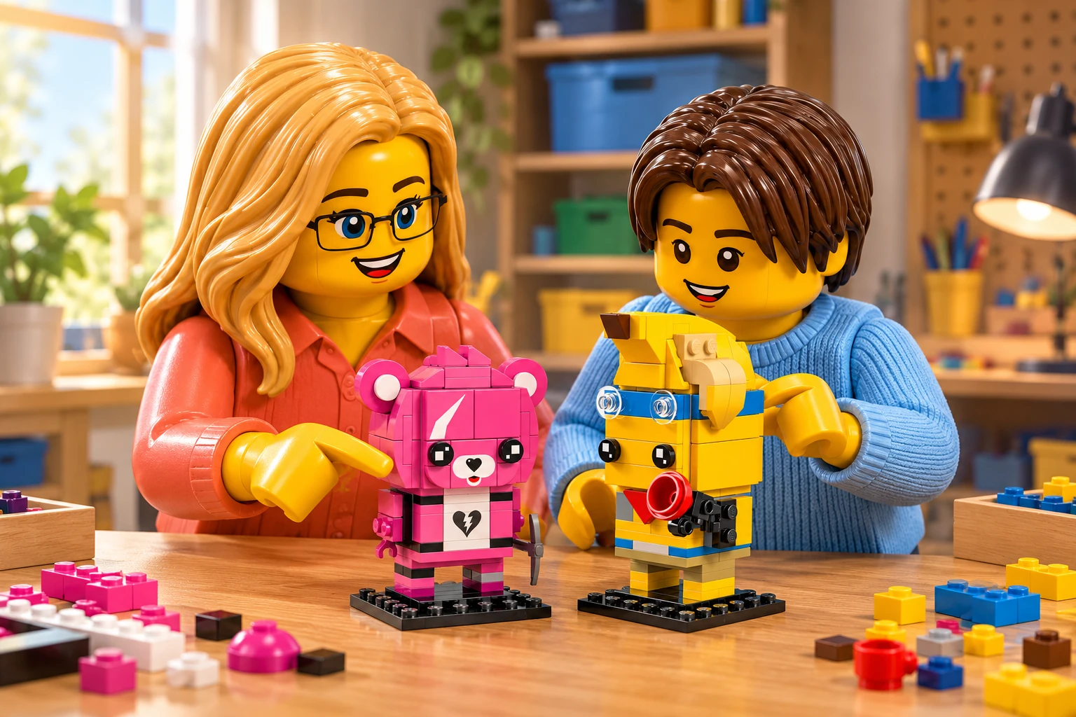 L’adulte en chemise corail désigne le petit ours rose ; l’adolescent en pull bleu clair montre les lunettes du personnage banane jaune. Les deux modèles reposent sur leurs socles noirs.
