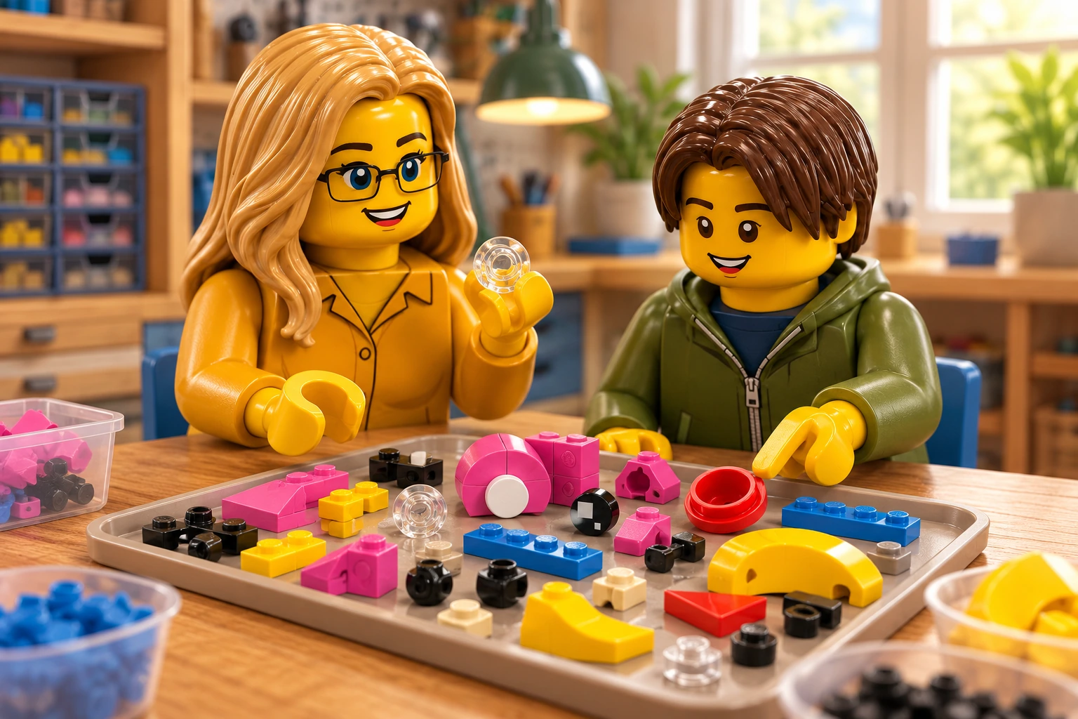 L’adulte en chemisier moutarde tient une optique ronde transparente ; l’adolescent en gilet olive désigne l’embout rouge dans un plateau de pièces roses, jaunes, bleues et noires.