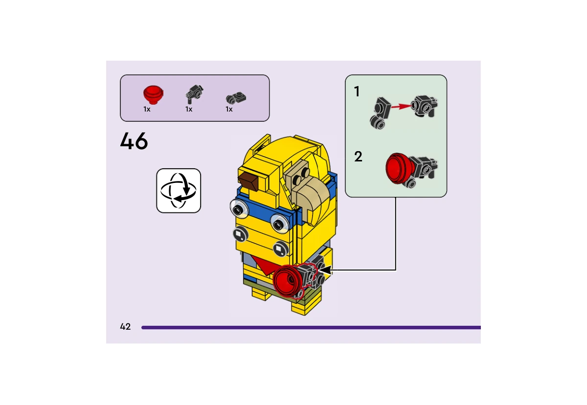 Notice officielle LEGO 40760, livret 6593067, page 42, étape 46 : Deux supports noirs s’emboîtent avant de recevoir le dôme inversé rouge. Le petit accessoire est ensuite fixé sur le côté du Bananaventurier ; les lunettes et l’habillage sont déjà assemblés.