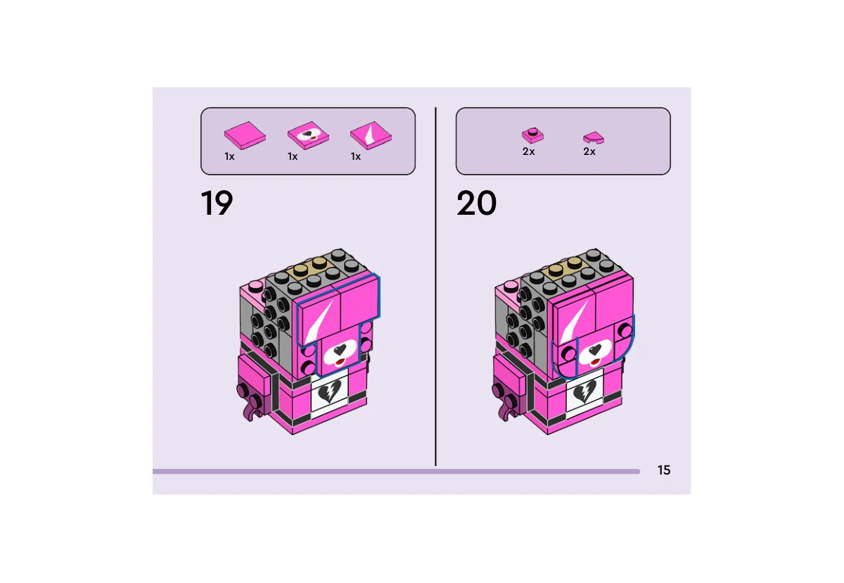 Notice officielle LEGO 40760, livret 6593068, page 15, étape 19 et 20 : L’étape 19 ajoute les trois tuiles roses de façade, dont la bande blanche et le museau imprimés. L’étape 20 ajoute deux petites plaques rondes et deux pièces roses latérales ; les yeux ne sont pas encore posés.