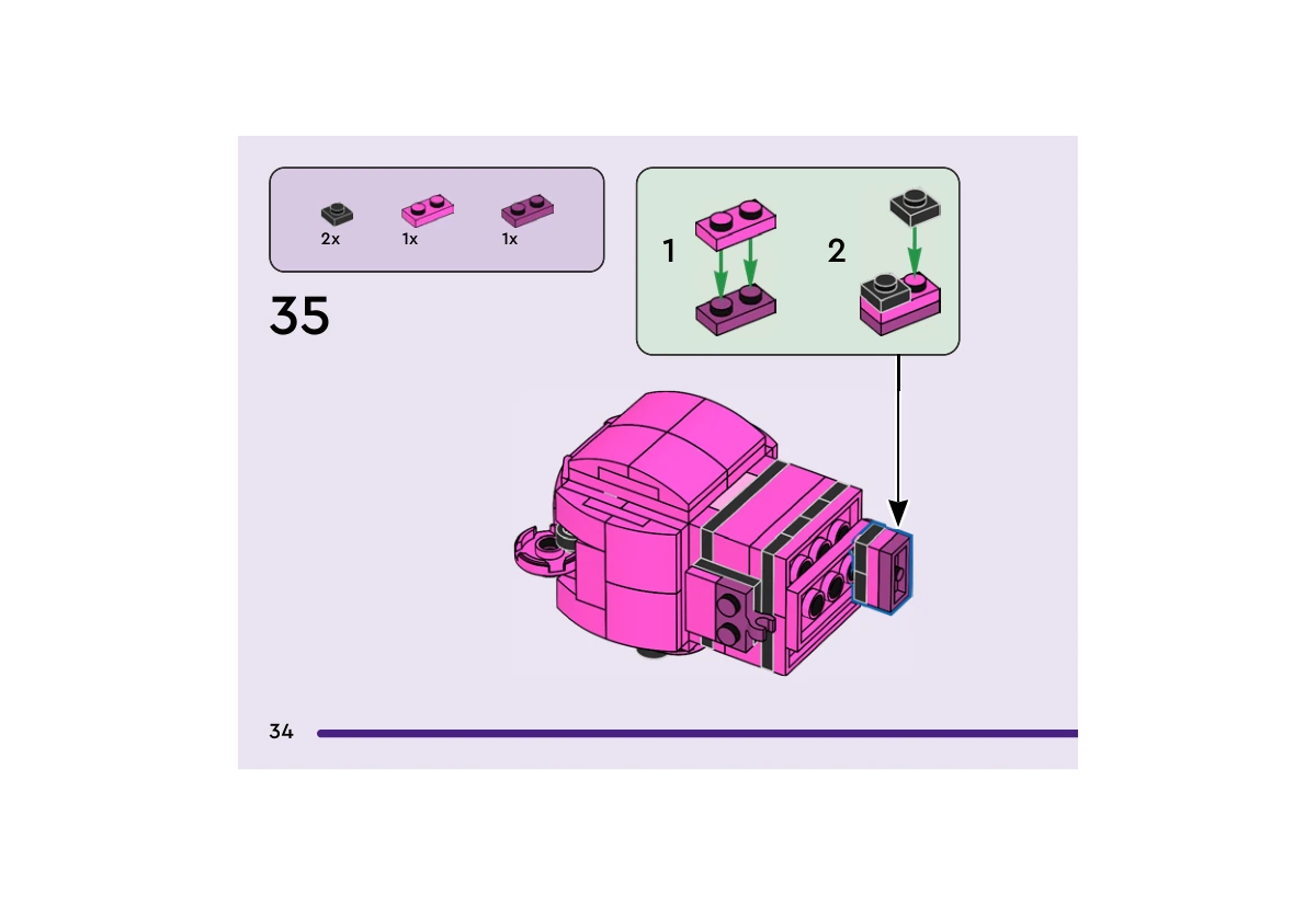 Notice officielle LEGO 40760, livret 6593068, page 34, étape 35 : Une plaque 3023 rose foncé (Dark Pink, couleur BrickLink 47) se superpose à une plaque 3023 magenta (couleur 71), toutes deux de 1 × 2. Deux plaques noires 1 × 1 complètent ce petit pied, fixé sous le personnage retourné.