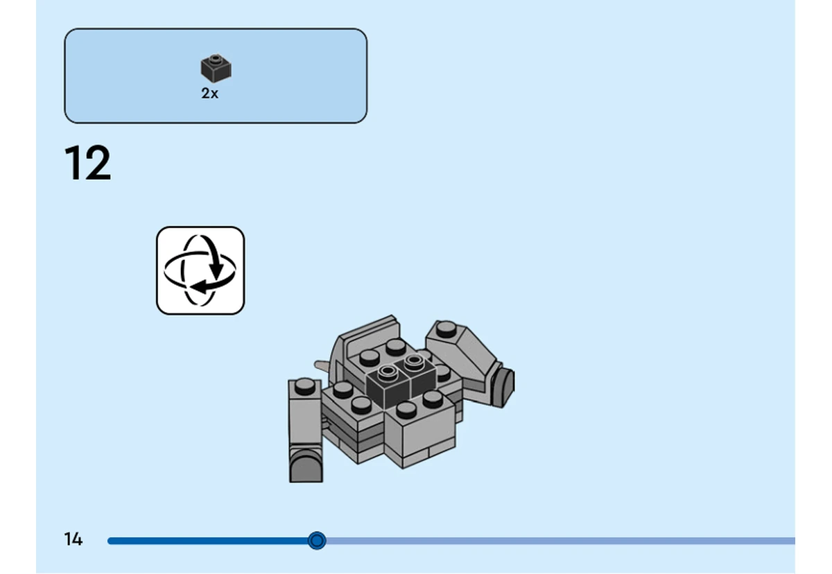 Notice officielle LEGO 40792, livret 6561697, page 14, étape 12 : Après retournement, deux petites briques noires sont posées sous le corps gris, entre les pattes.