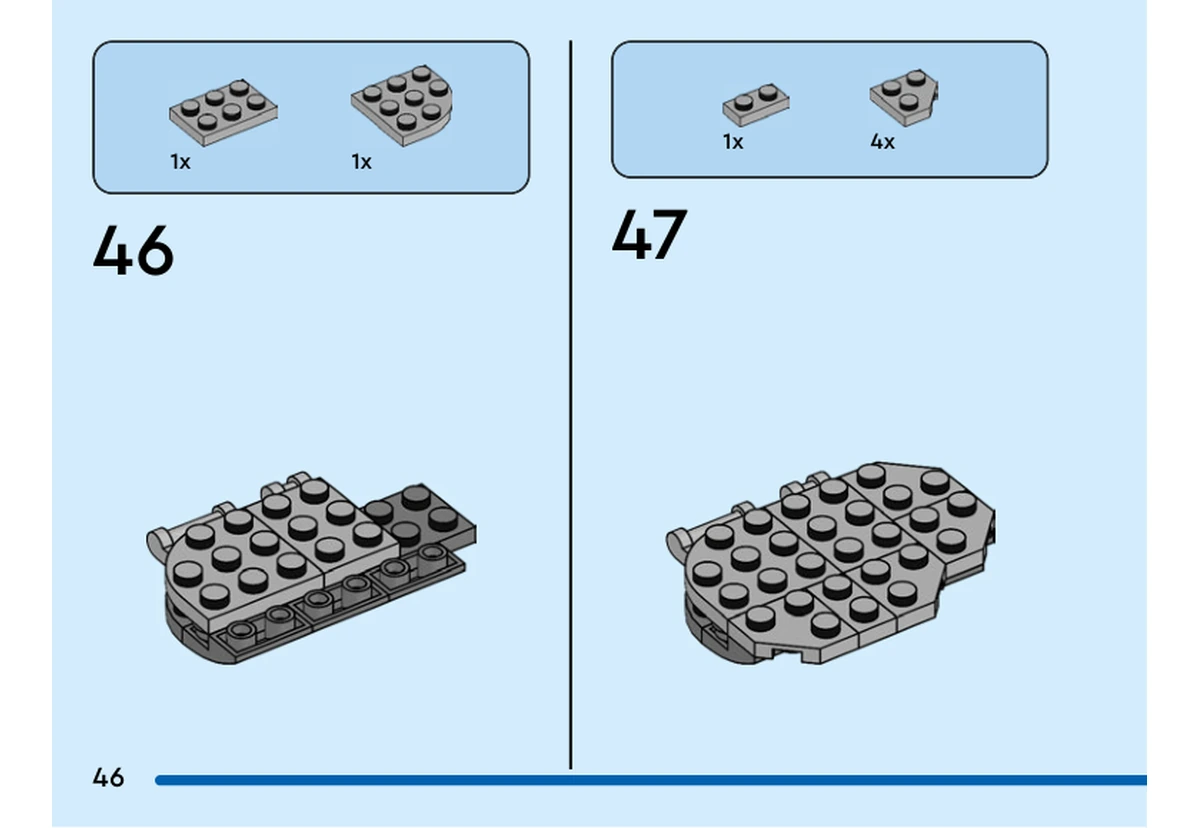 Notice officielle LEGO 40792, livret 6561697, page 46, étape 46 et 47 : Une plaque grise rectangulaire et une plaque grise arrondie complètent le panneau détaché ; une petite plaque et quatre petites pièces arrondies élargissent ensuite son contour.
