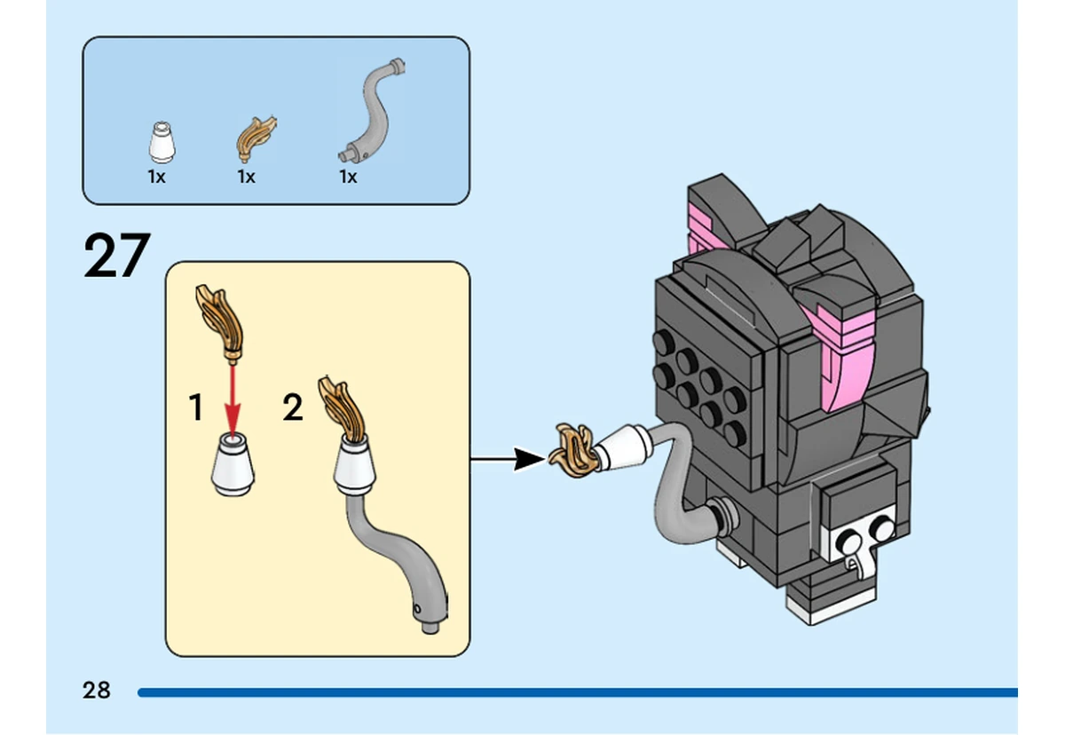Notice officielle LEGO 40793, livret 6555518, page 28, étape 27 : Un élément de flamme est placé dans un cône blanc puis relié à la longue pièce grise incurvée. Le sous-ensemble rejoint l’arrière du chat.