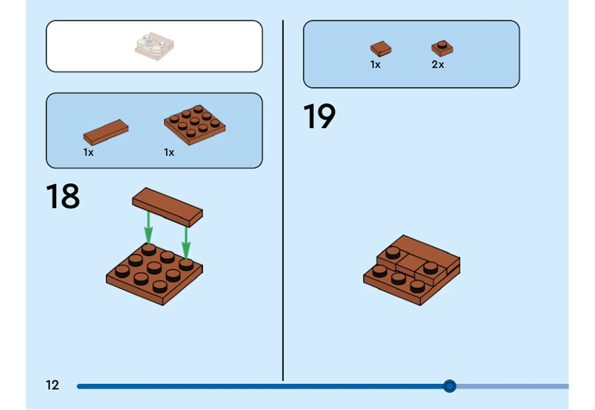 Notice officielle LEGO 40793, livret 6555519, page 12, étape 18 et 19 : Une plaque orange foncé 3 × 3 et une tuile orange foncé forment un panneau détaché. Une petite plaque et deux petites plaques carrées complètent ensuite le dessus.