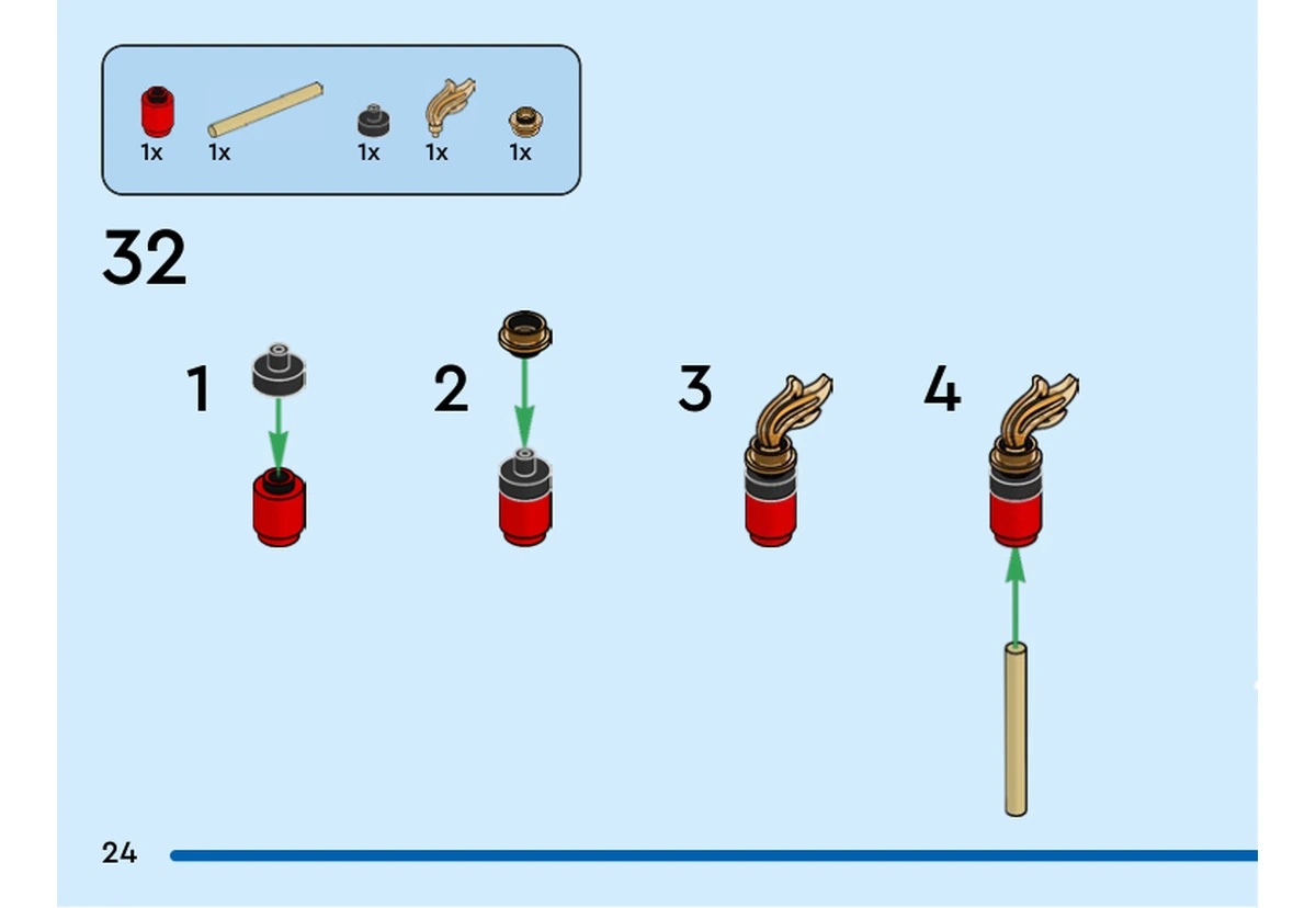 Notice officielle LEGO 40793, livret 6555519, page 24, étape 32 : Une brique rouge reçoit une petite pièce ronde noire, un anneau doré, une flamme et une barre beige. Les quatre sous-étapes montrent l’ordre d’assemblage.